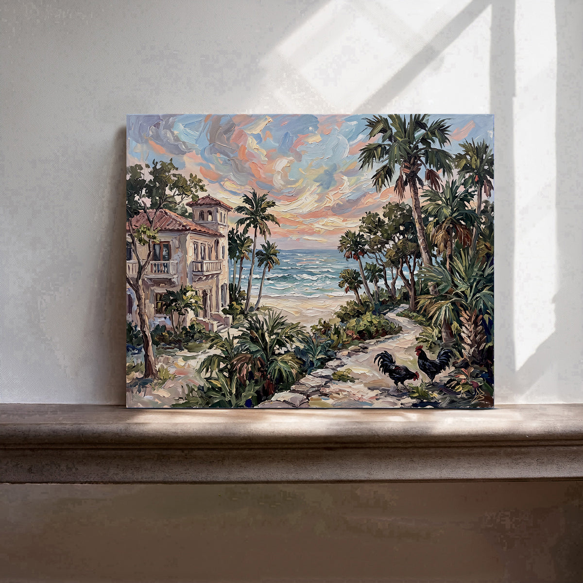 Where the Palms Meet the Sea – Key West Coastal House & Roosters | Canvas or Paper Art Print