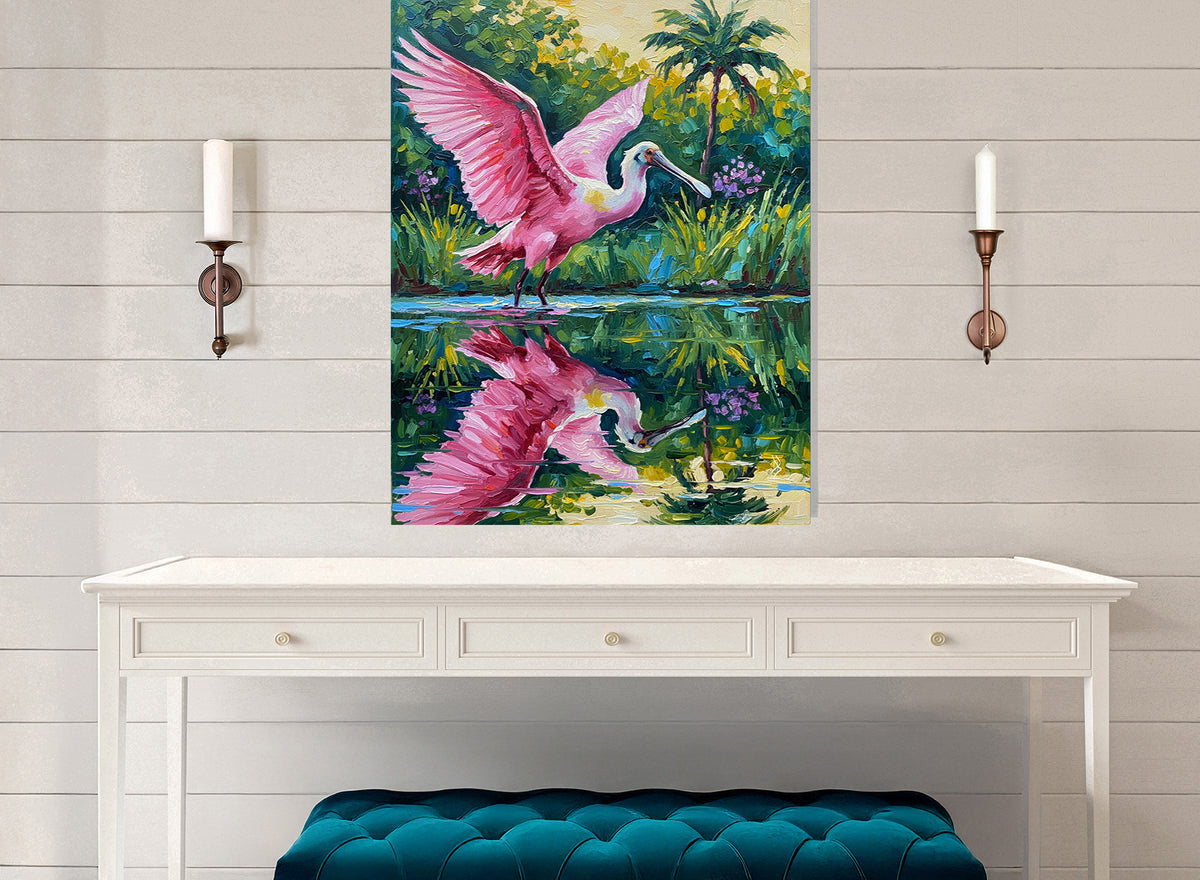 Roseate Spoonbill with Wings Spread in a Tropical Lagoon | Canvas or Paper Art Print