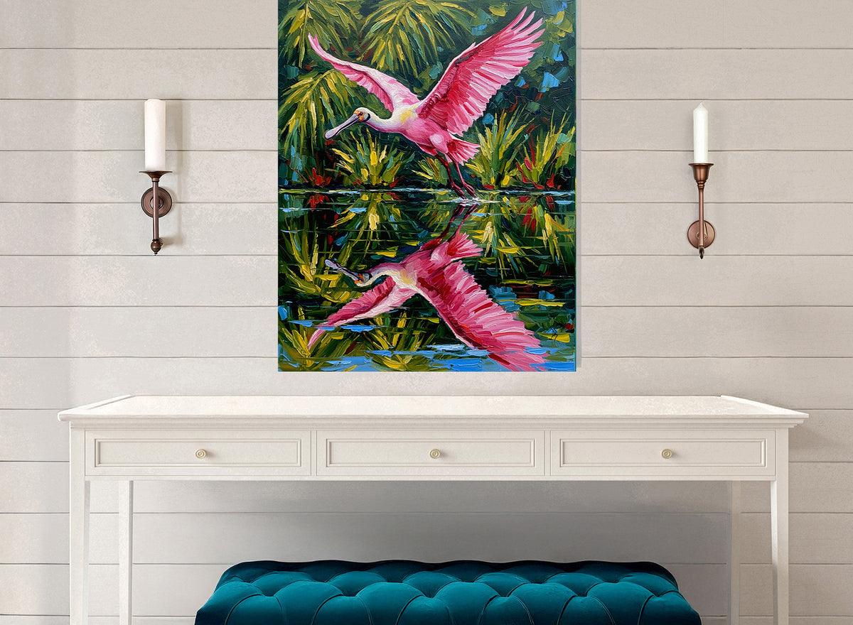 Roseate Spoonbill in Flight Over Tropical Wetlands | Canvas or Paper Art Print