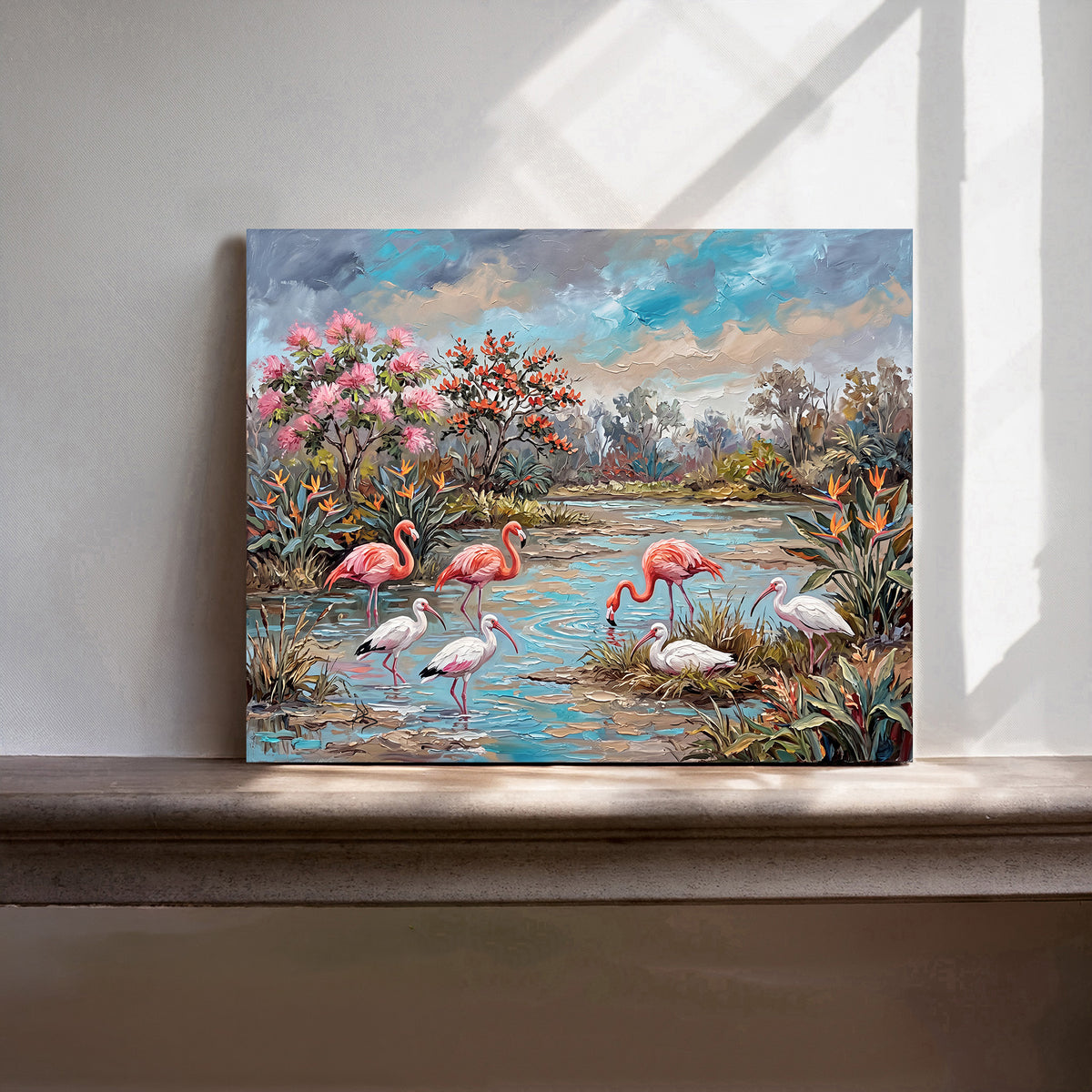Flamingos & White Ibis in a Tropical Lagoon | Canvas or Paper Art Print