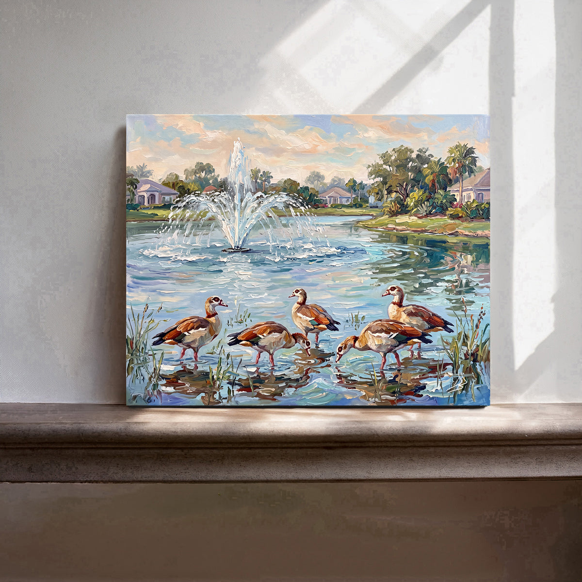 Egyptian Geese by the Pond Fountain | Canvas or Paper Art Print