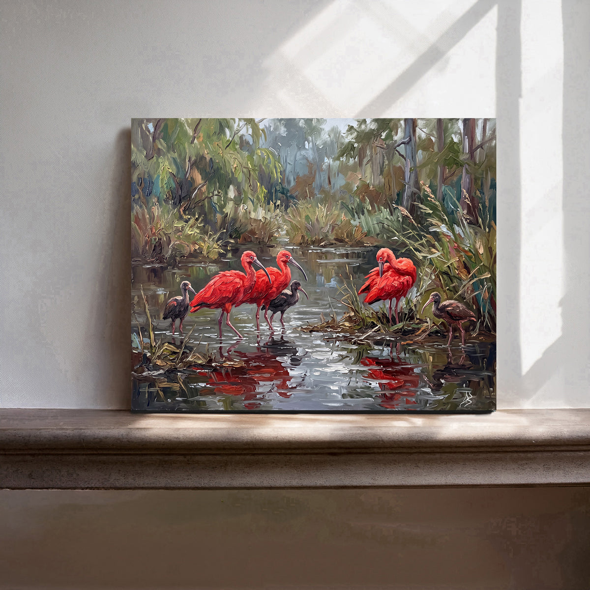 Scarlet Reflections – Ibis in the Hidden Wetlands | Canvas or Paper Art Print