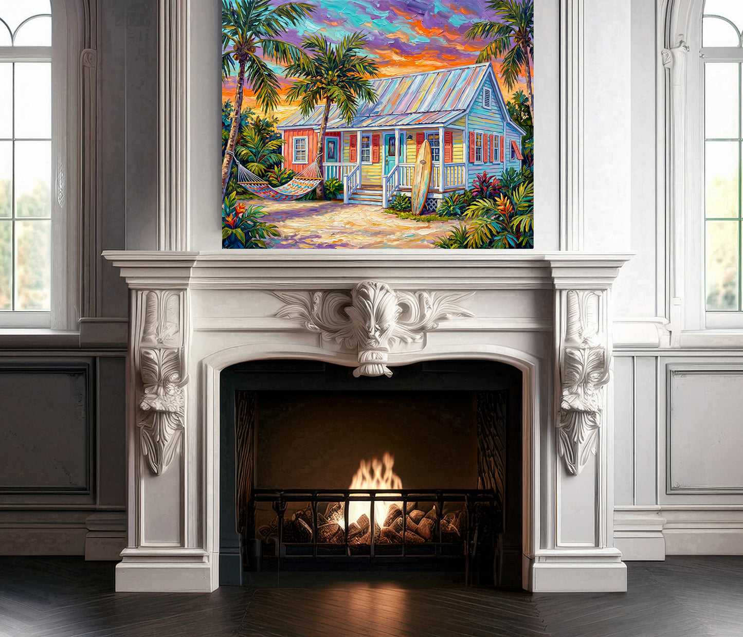 Key West Sunset Conch Cottage with Surfboard & Hammock | Canvas or Paper Art Print