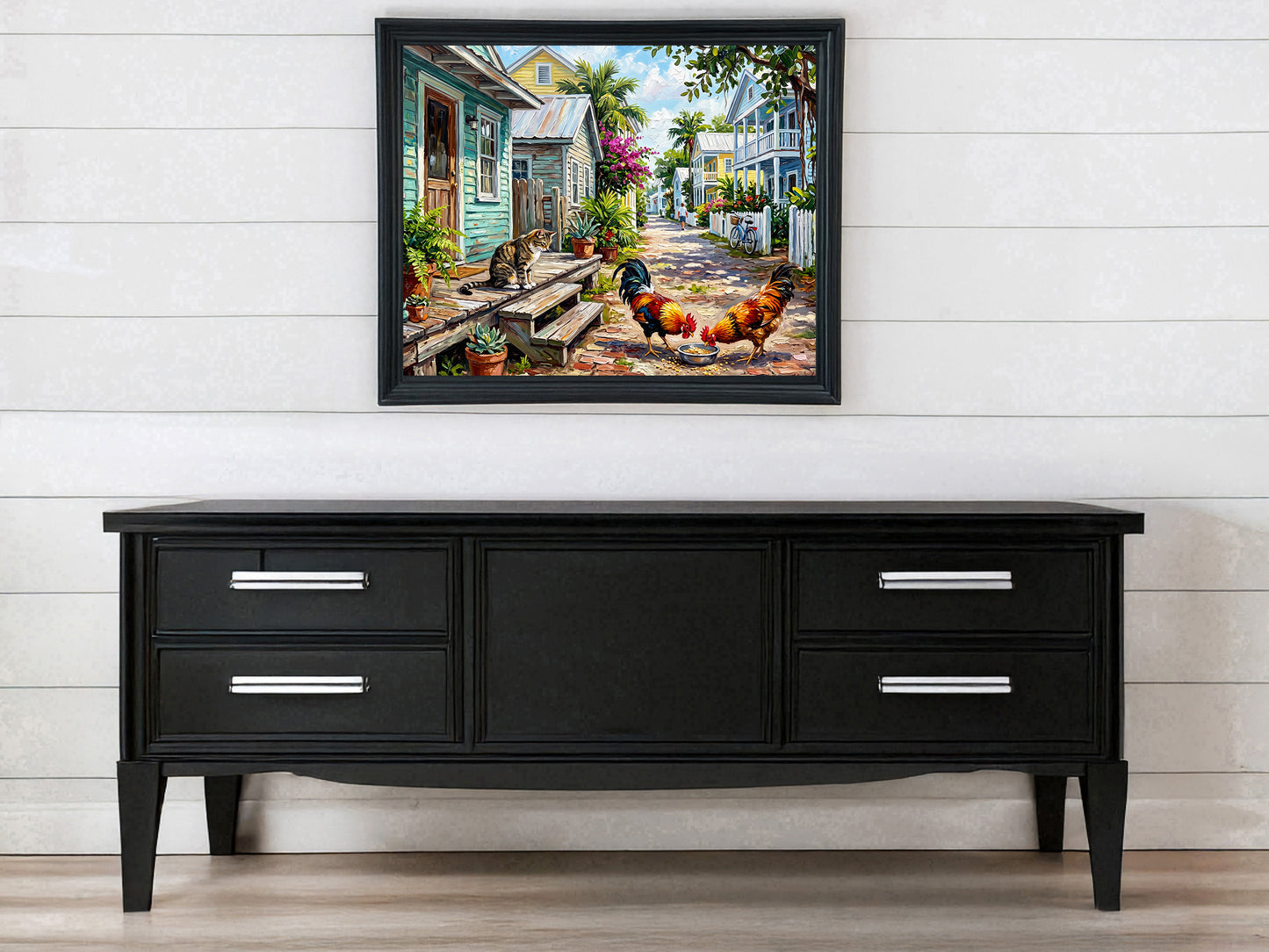 Key West Homes and Roosters Print: Canvas or Paper