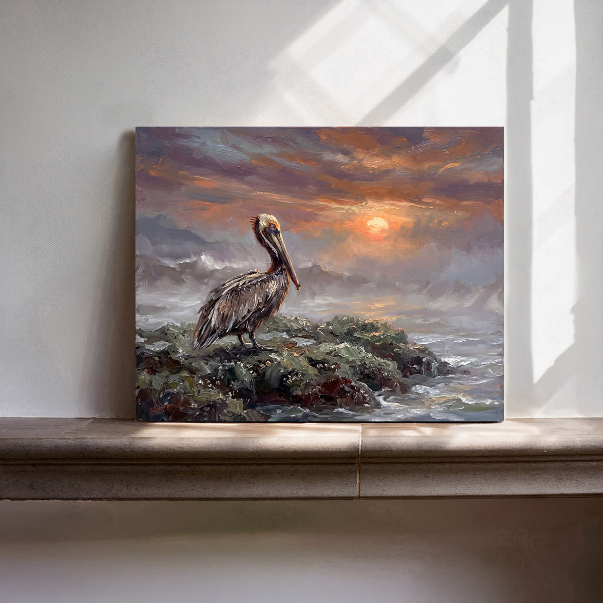 Keeper of the Evening Tide – Pelican at Sunset | Canvas or Paper Art Print