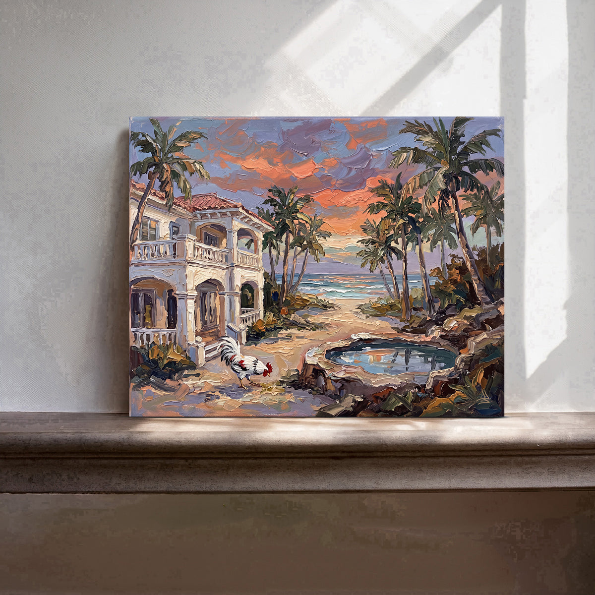 Reflections of an Island Sunset – Key West Coastal House & Rooster | Canvas or Paper Art Print