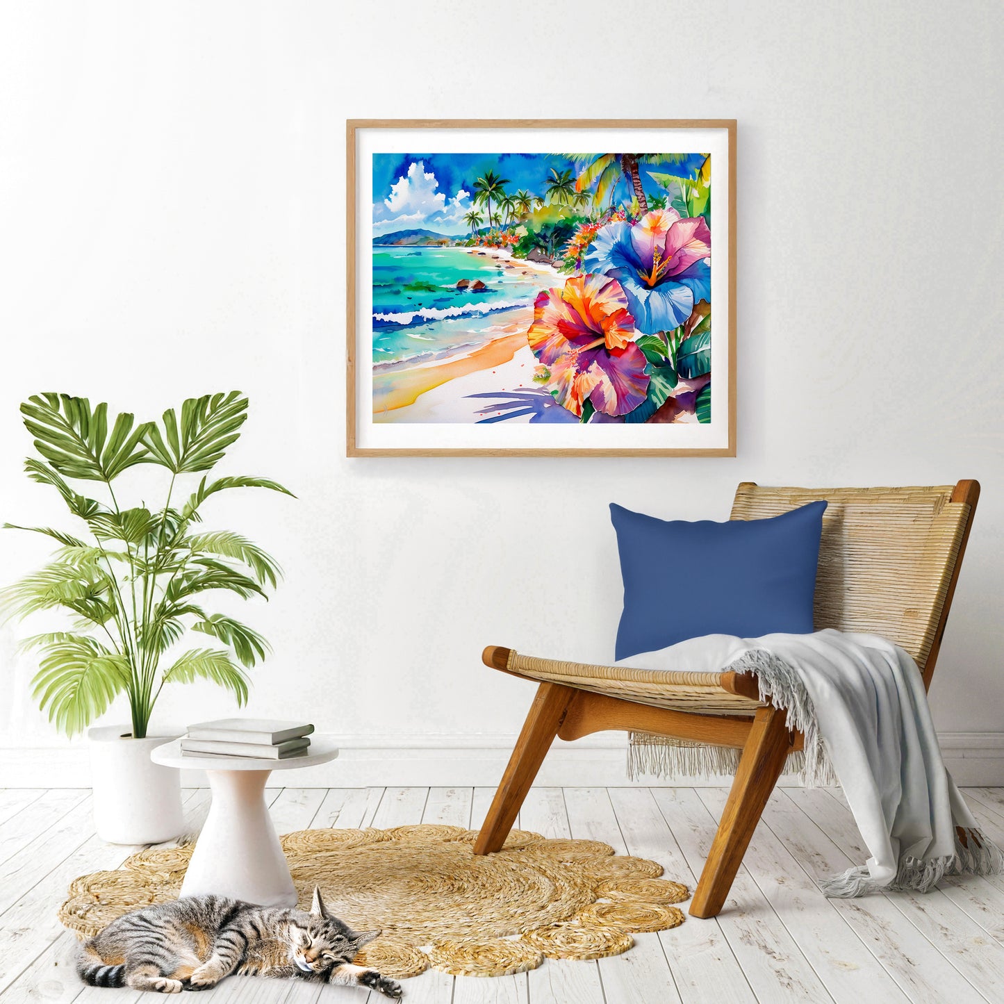 Beach, Palm Trees and Hibiscus, Vibrant Print: Canvas or Paper