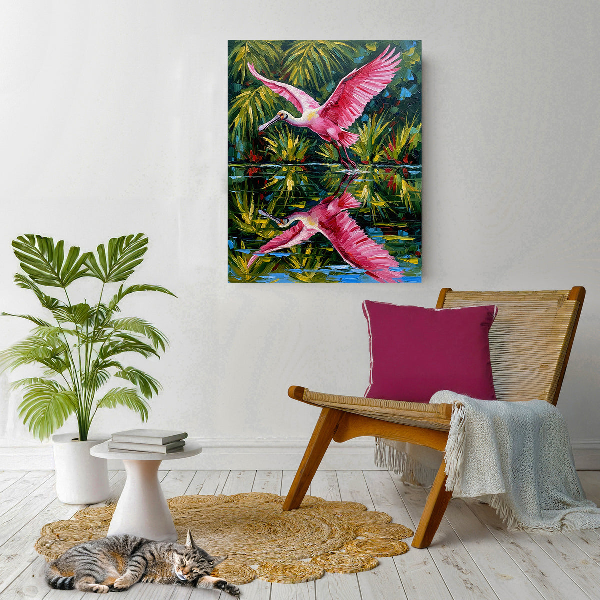 Roseate Spoonbill in Flight Over Tropical Wetlands | Canvas or Paper Art Print