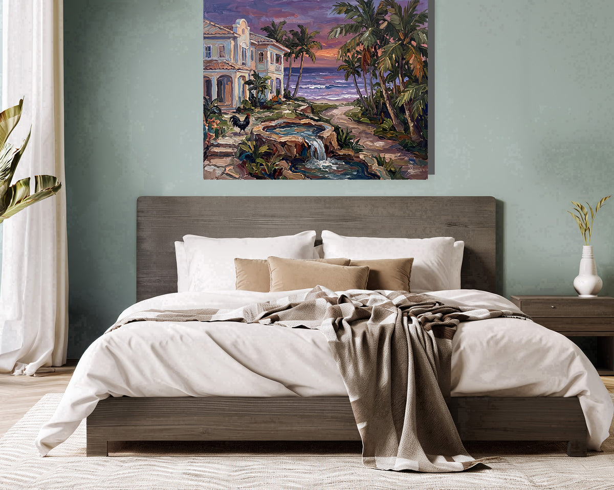 Where the Water Sings – Key West Twilight Garden & Rooster | Canvas or Paper Art Print