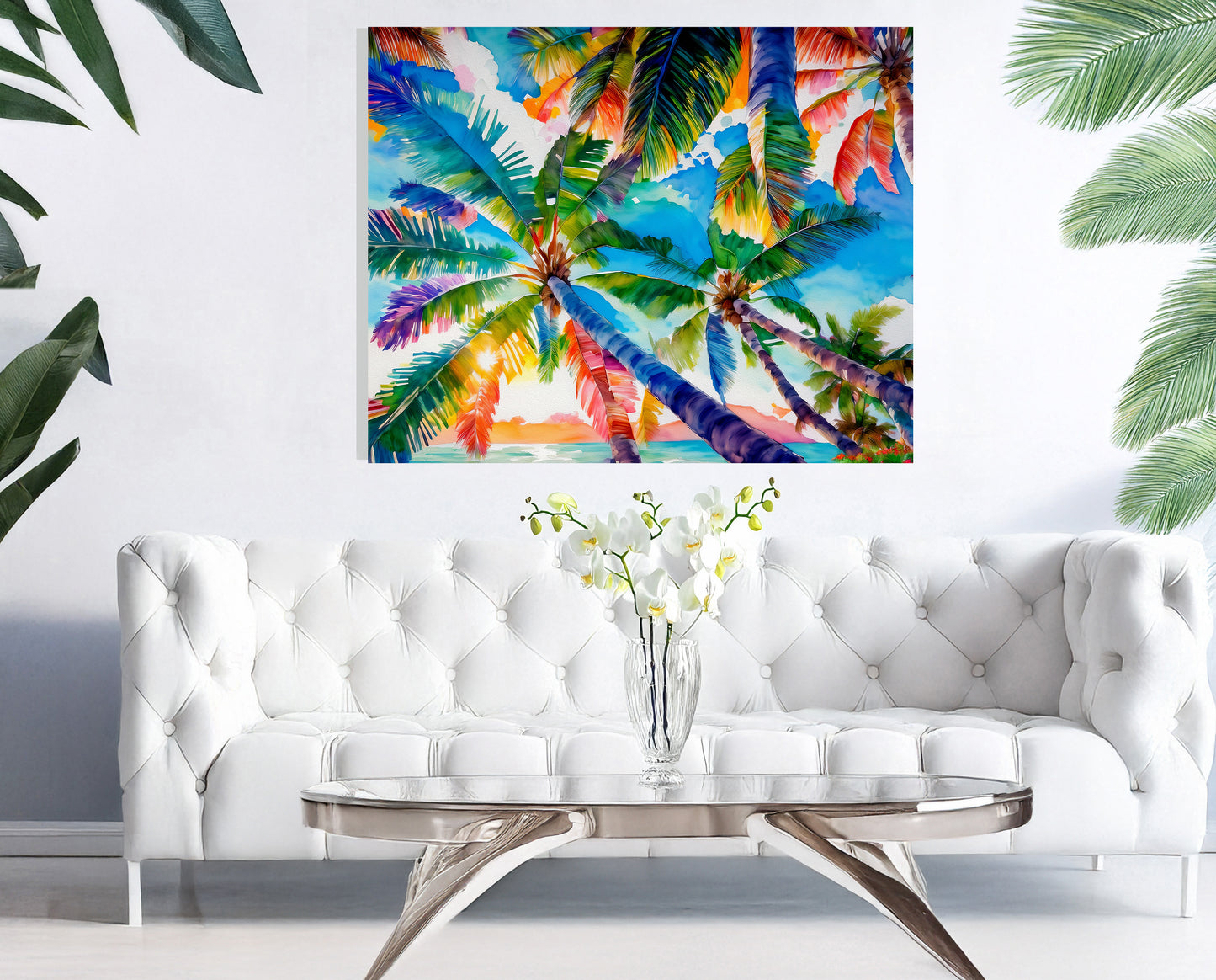 Beach, Palm Trees and Sunset, Vibrant Print: Canvas or Paper