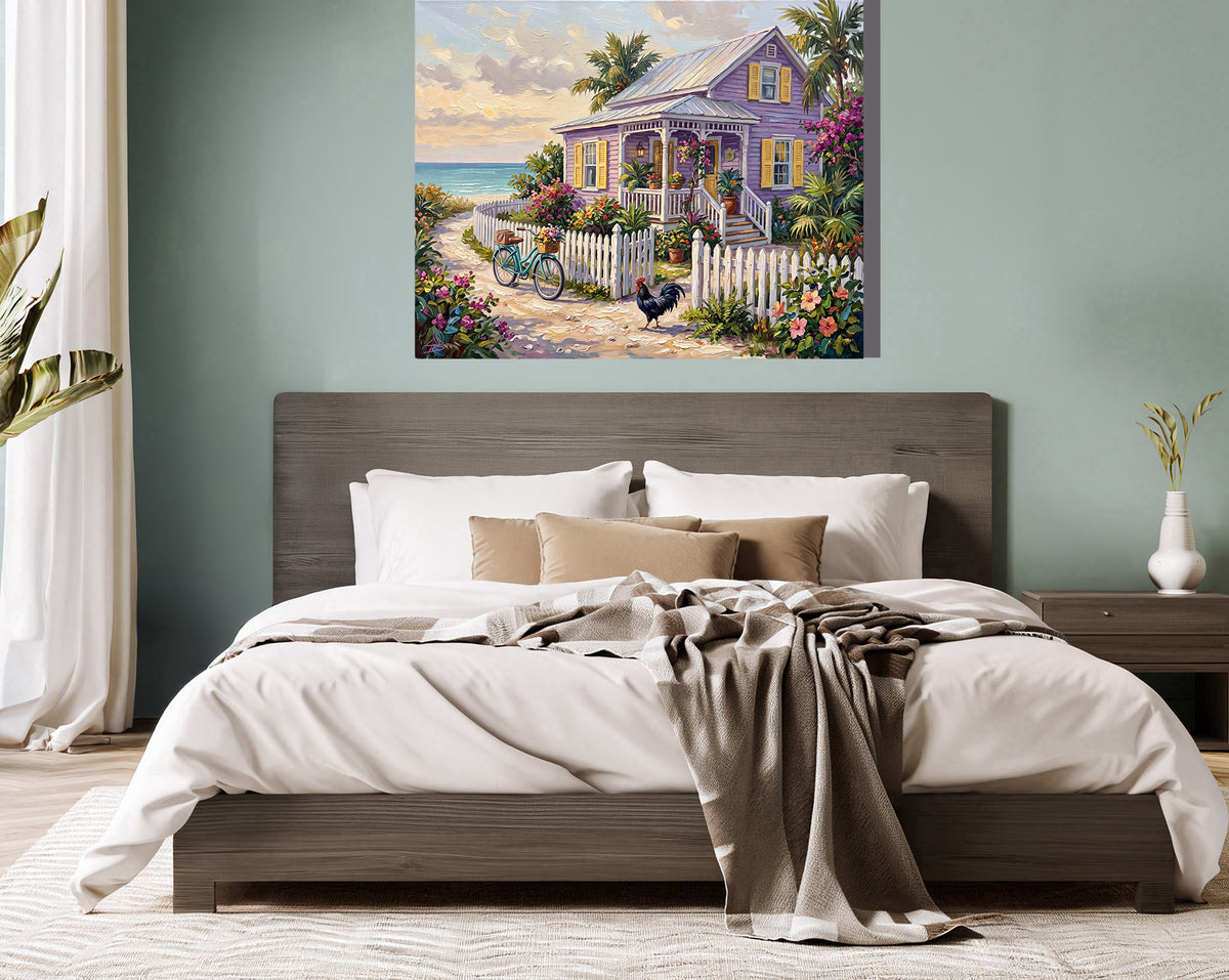 Lilac Cottage by the Sea – Key West Rooster & Bicycle | Canvas or Paper Art Print