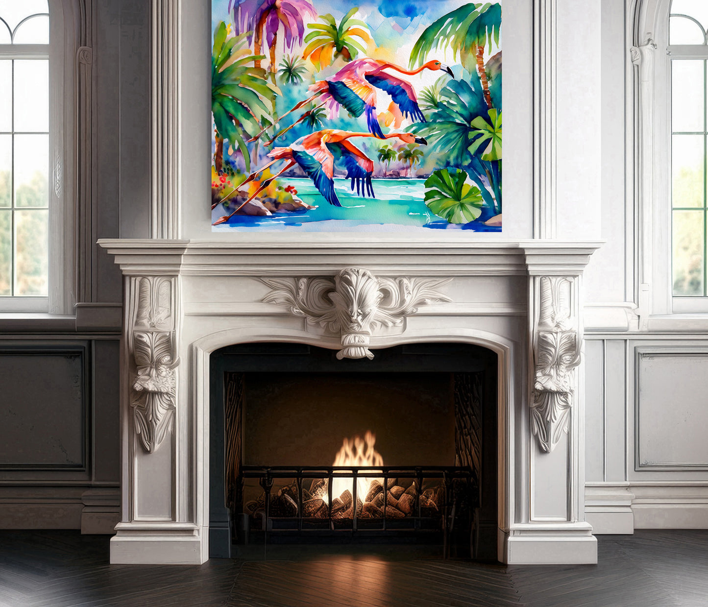 Flamingos Flying Coastal Tropical Landscape Vibrant Print