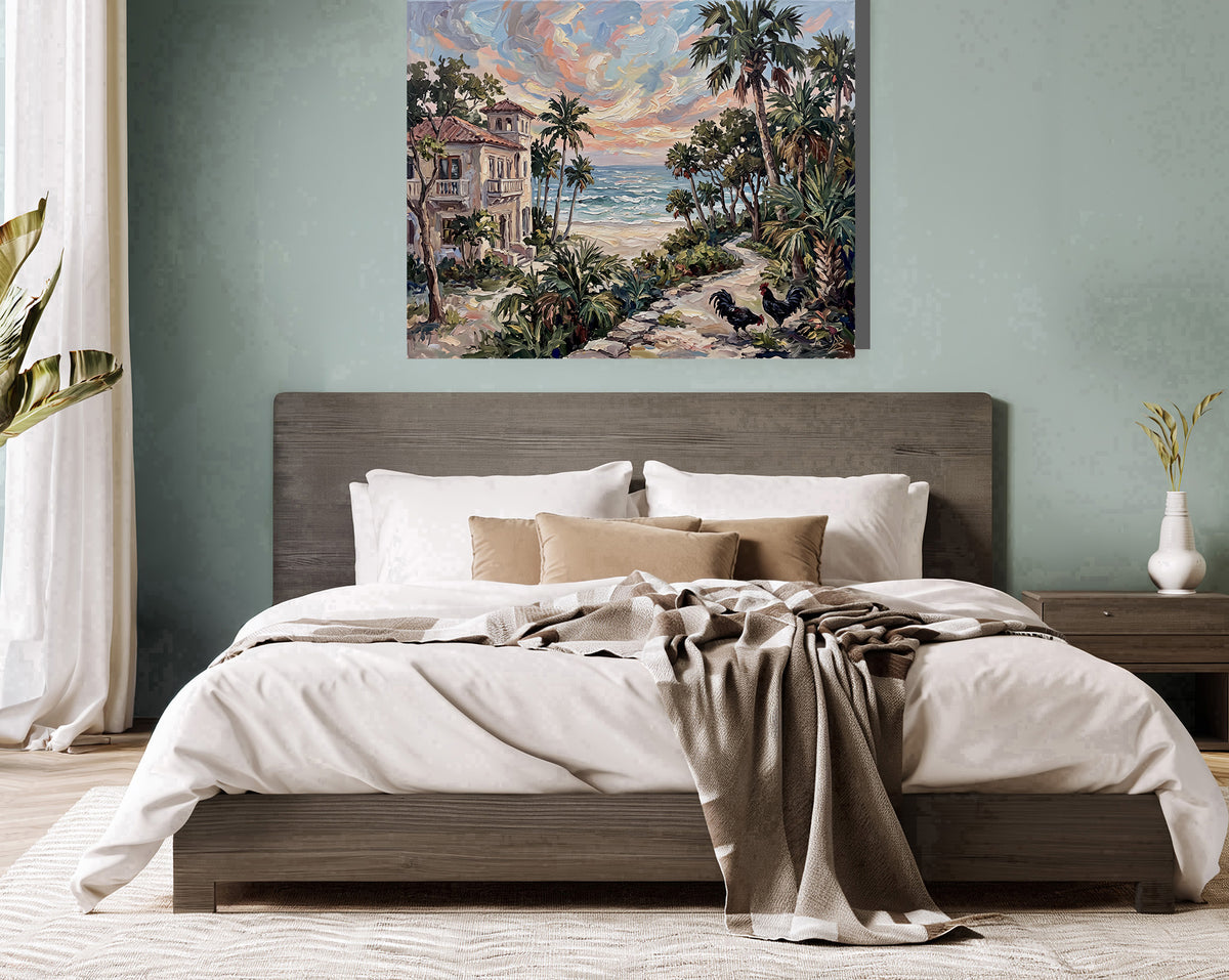 Where the Palms Meet the Sea – Key West Coastal House & Roosters | Canvas or Paper Art Print