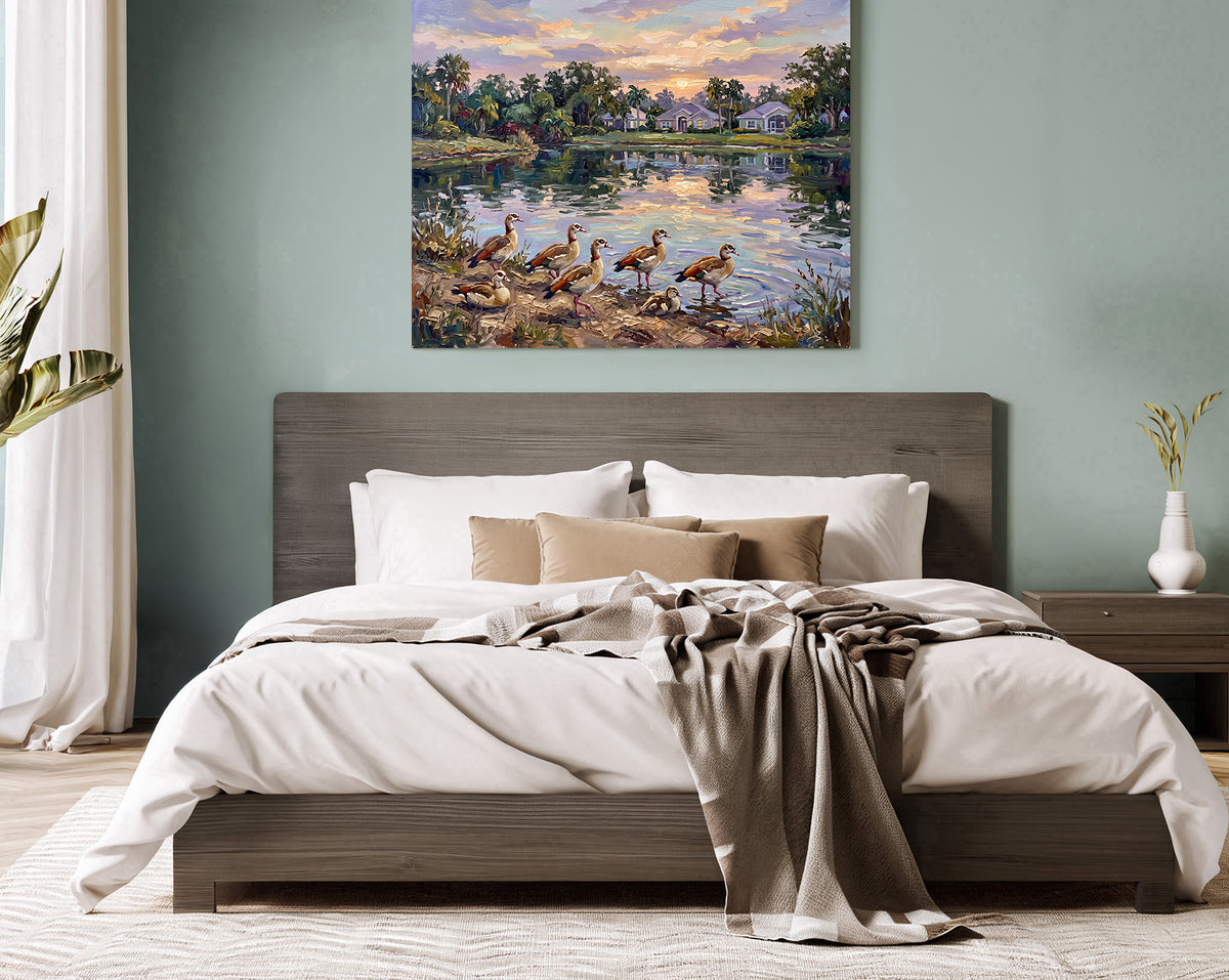 Golden Hour Gathering – Egyptian Geese by the Pond | Canvas or Paper Art Print