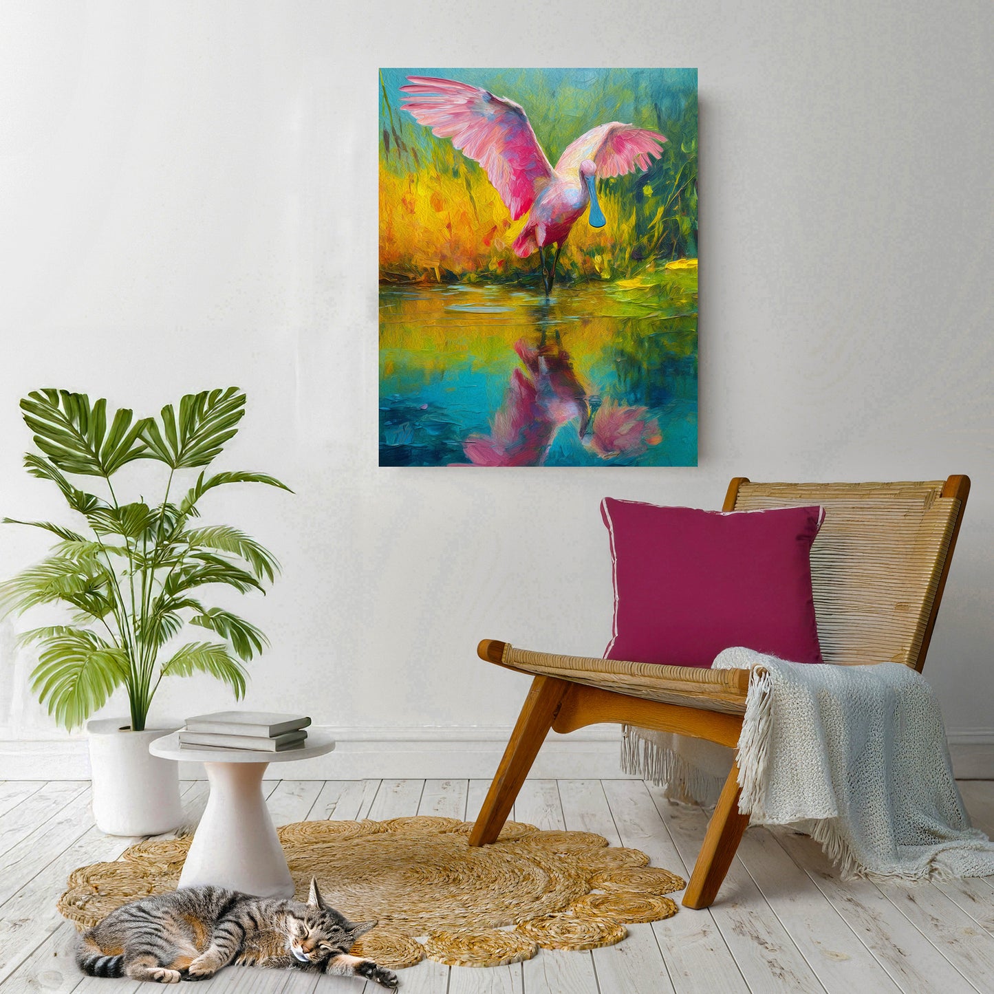 Roseate Spoonbill Wading in Blue Waters: Florida Wildlife Art Print