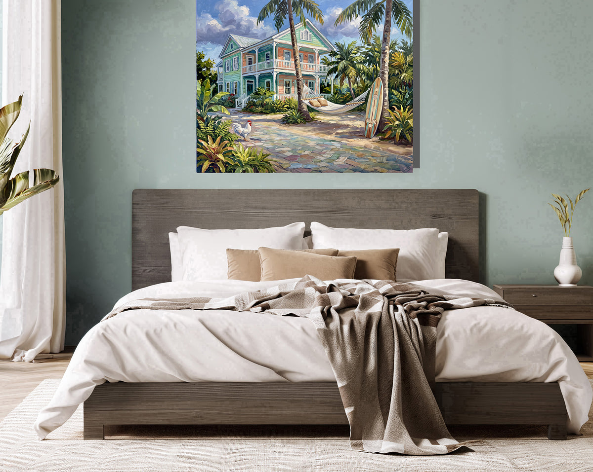 A Little Island Time – Key West Conch House, Hammock & Surfboard | Canvas or Paper Art Print