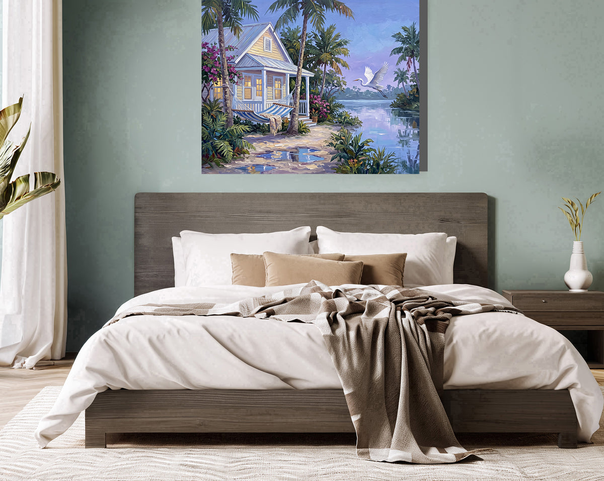 When the Island Exhales – Key West Cottage & Great White Heron | Canvas or Paper Art Print