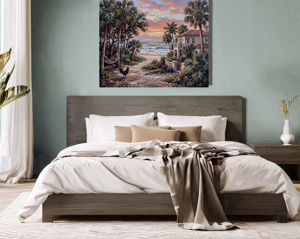 An Evening by the Sea – Key West Sunset, Hammock & Rooster | Canvas or Paper Art Print