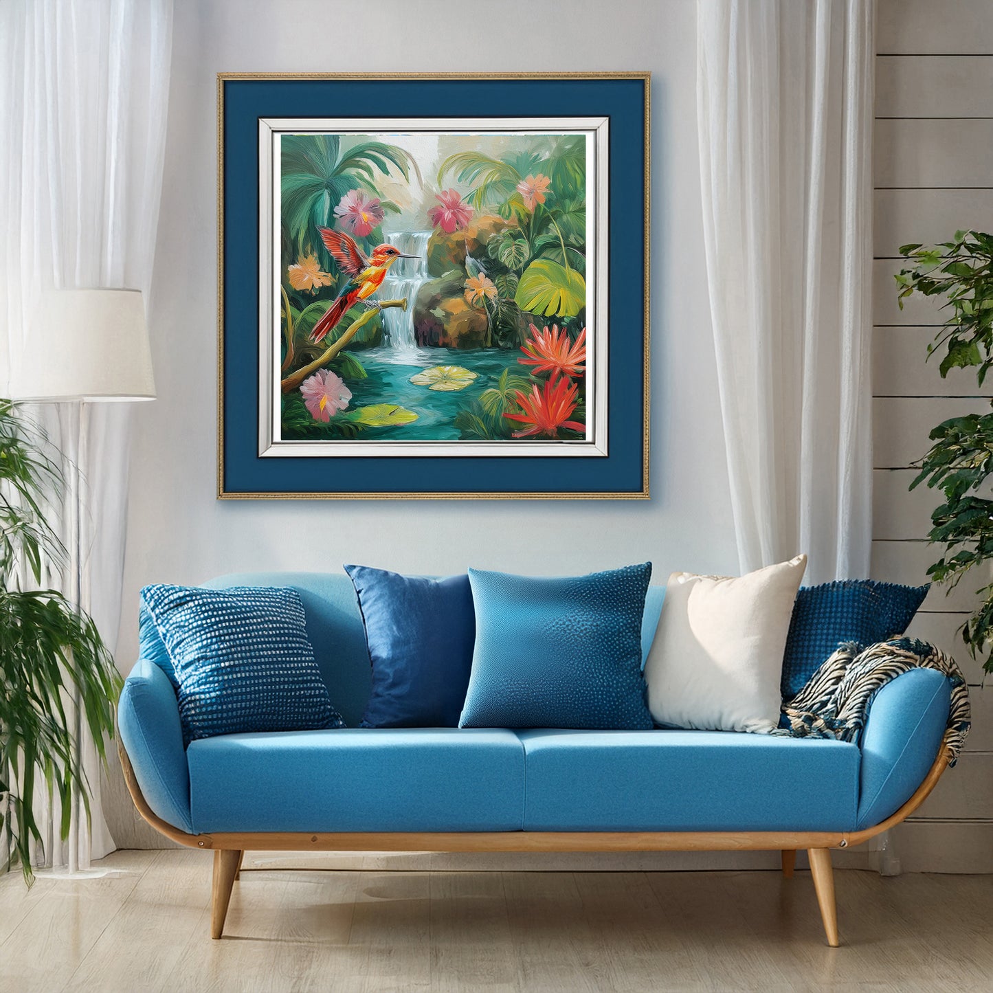 Hummingbird and Waterfall Tropical Print: Canvas or Paper