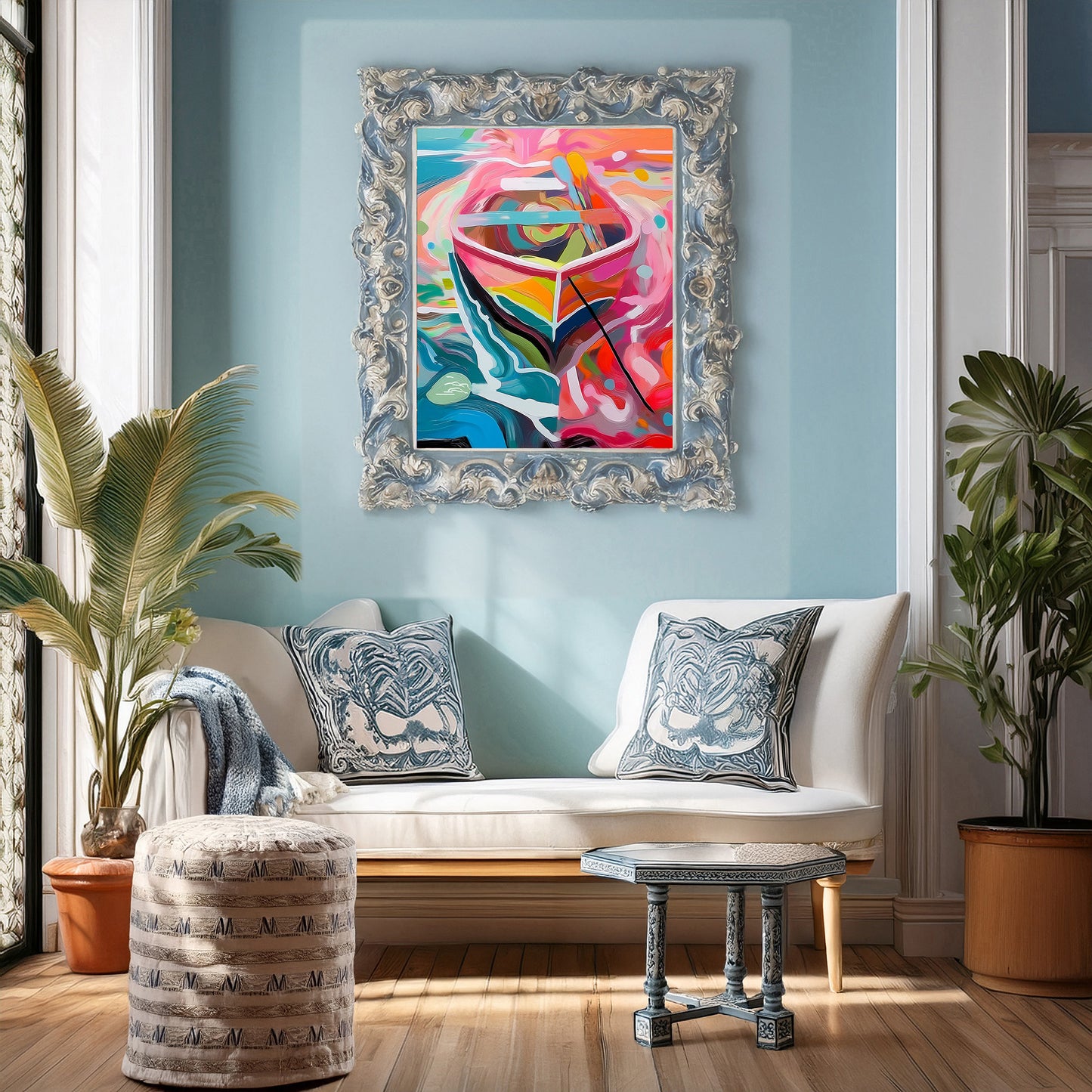 Vibrant Anchored Row Boat on a Florida Lake Print: Canvas or Paper