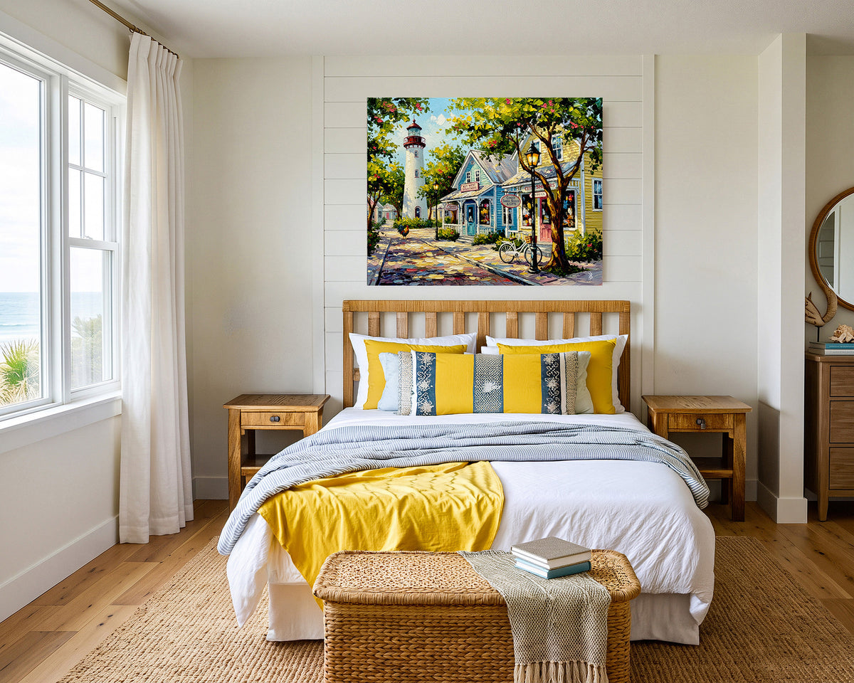 Key West Lighthouse & Colorful Shops | Canvas or Paper Art Print