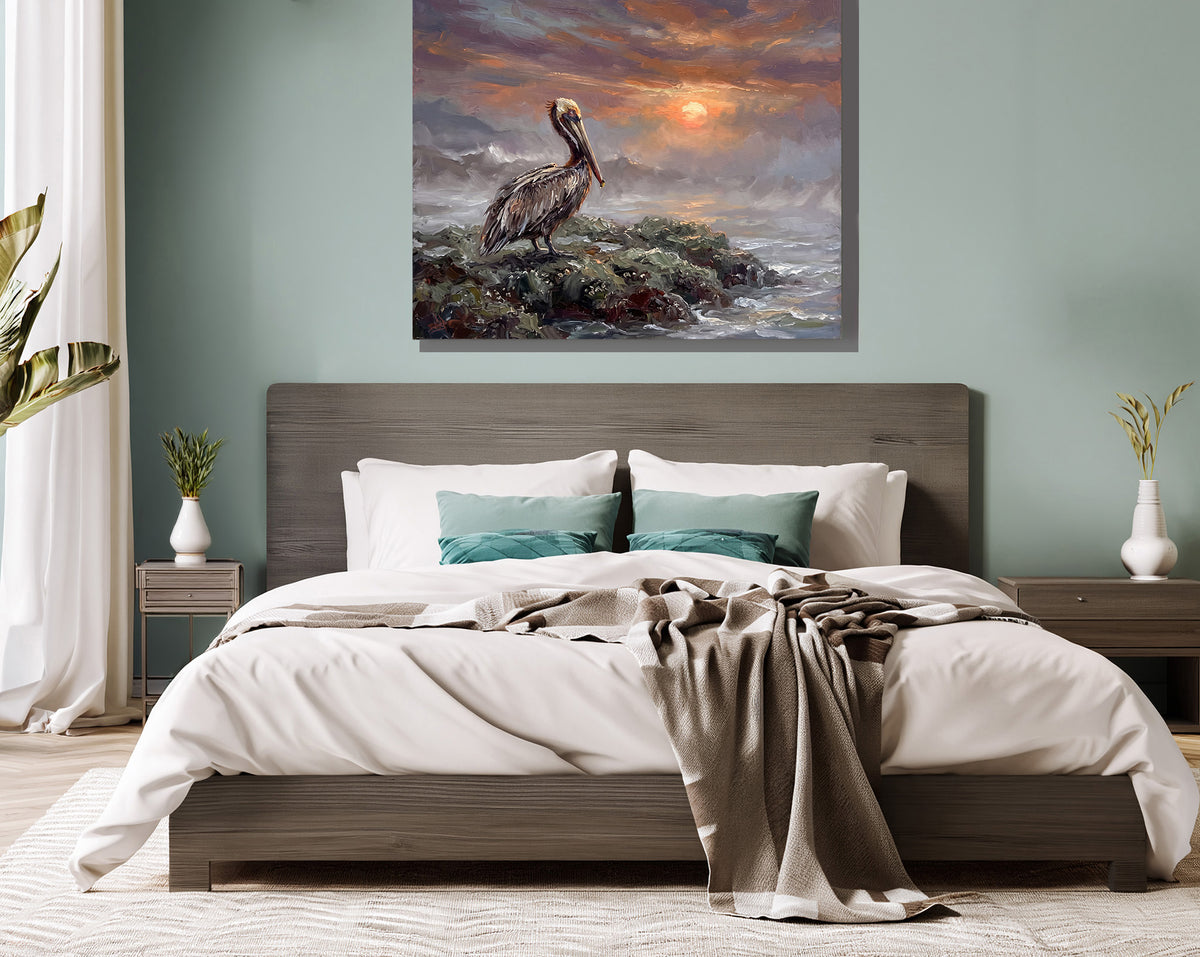 Keeper of the Evening Tide – Pelican at Sunset | Canvas or Paper Art Print