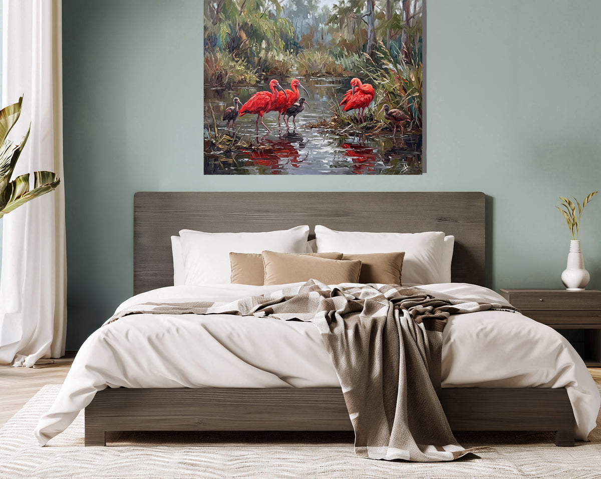 Scarlet Reflections – Ibis in the Hidden Wetlands | Canvas or Paper Art Print