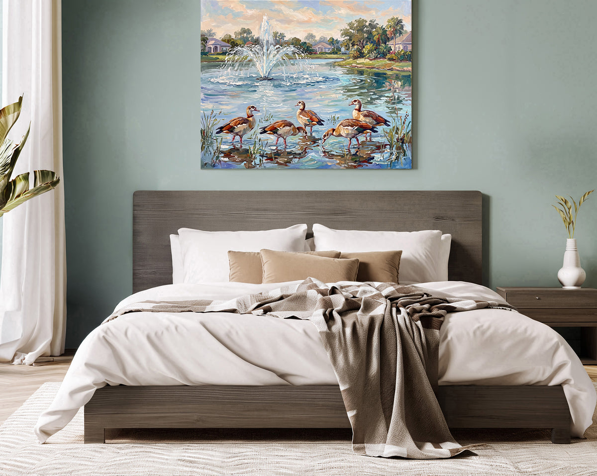 Egyptian Geese by the Pond Fountain | Canvas or Paper Art Print