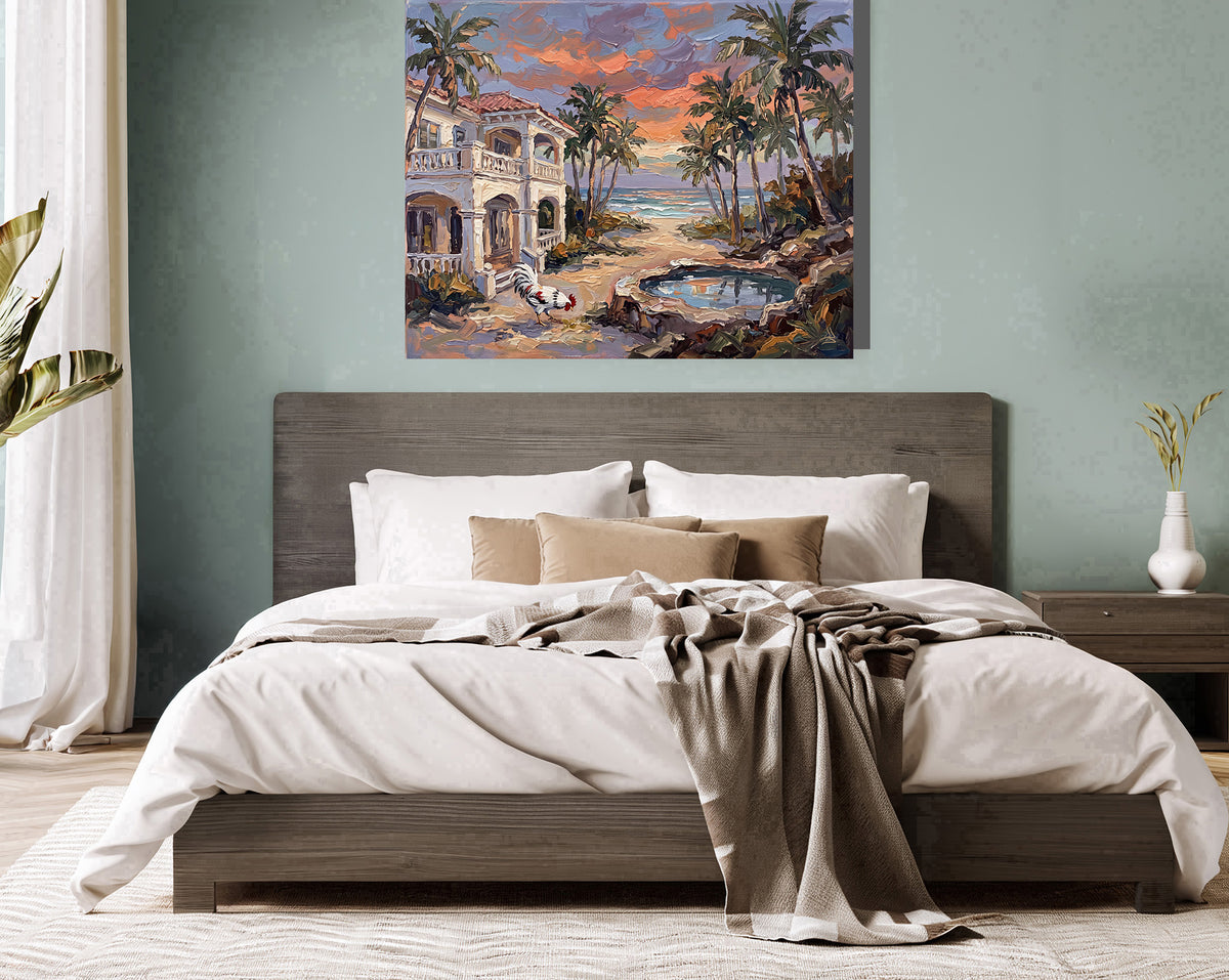 Reflections of an Island Sunset – Key West Coastal House & Rooster | Canvas or Paper Art Print