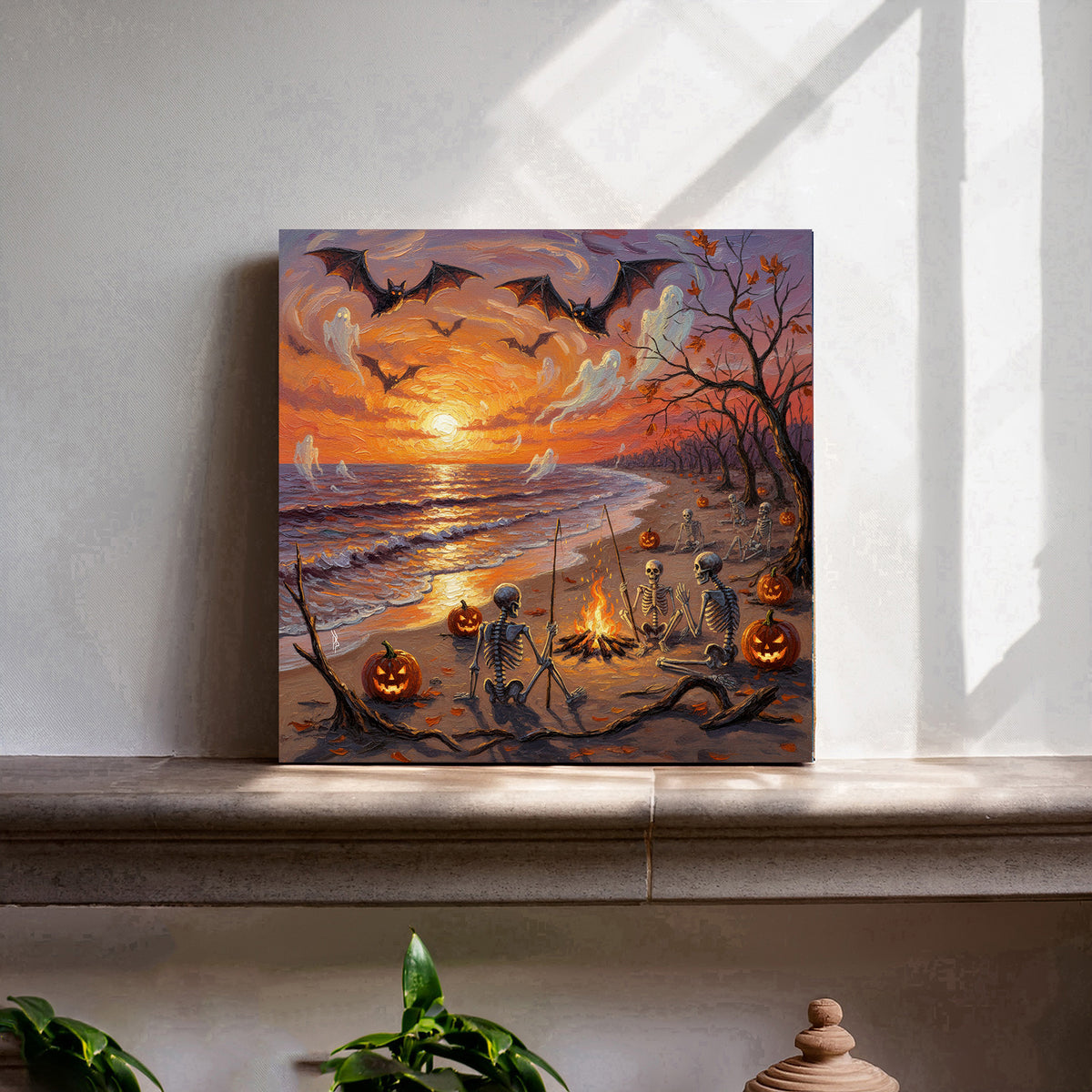 Halloween Beach Bonfire at Sunset | Canvas or Paper Art Print