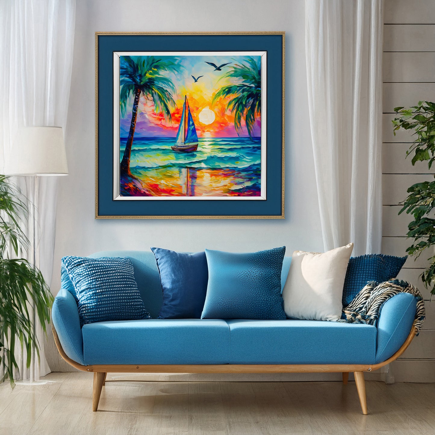 Sailboat, Palm Trees, Sunset, Ocean Waves Print on Canvas or Paper