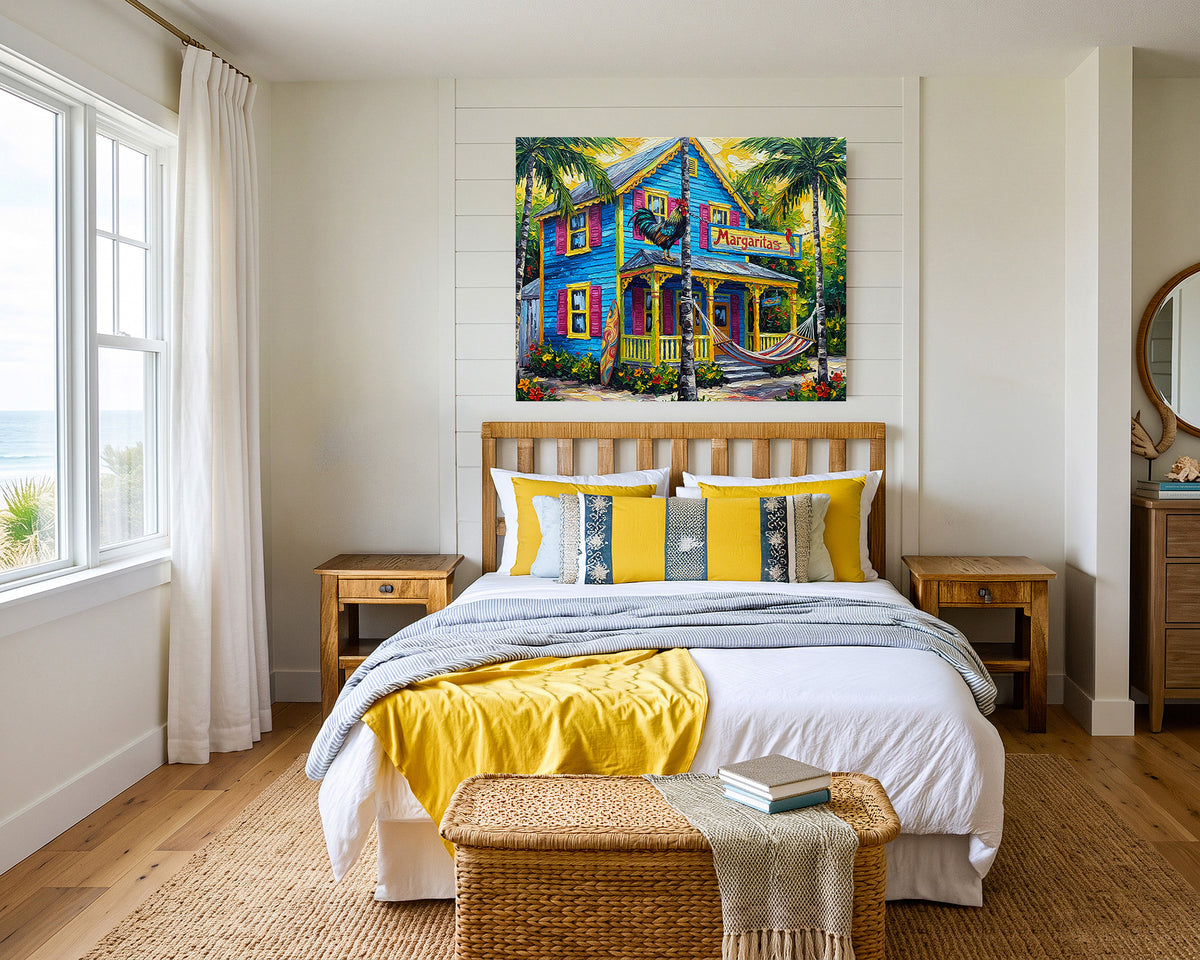Margaritas Key West Conch House with Rooster & Hammock | Canvas or Paper Art Print
