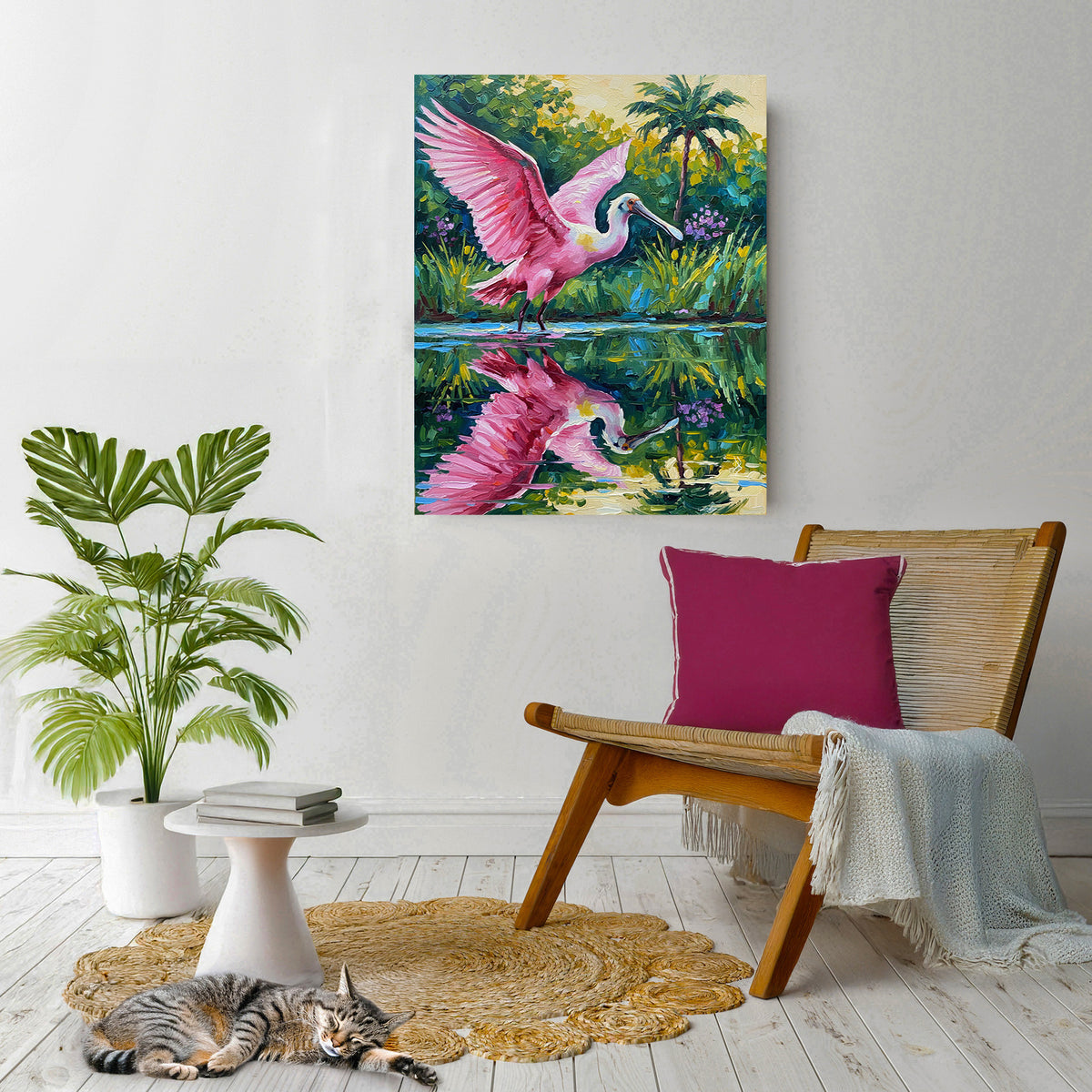 Roseate Spoonbill with Wings Spread in a Tropical Lagoon | Canvas or Paper Art Print