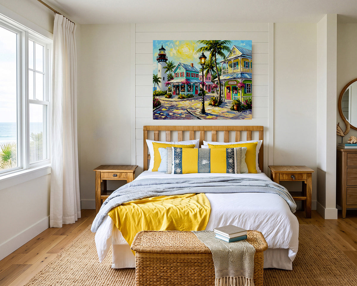 Key West Lighthouse & Pastel Conch Cottages | Canvas or Paper Art Print