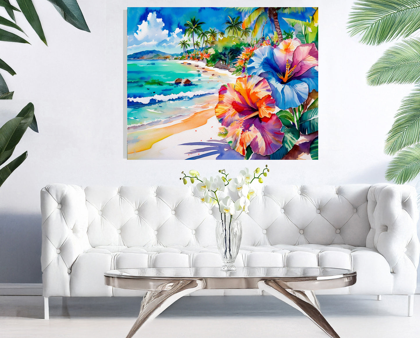 Beach, Palm Trees and Hibiscus, Vibrant Print: Canvas or Paper
