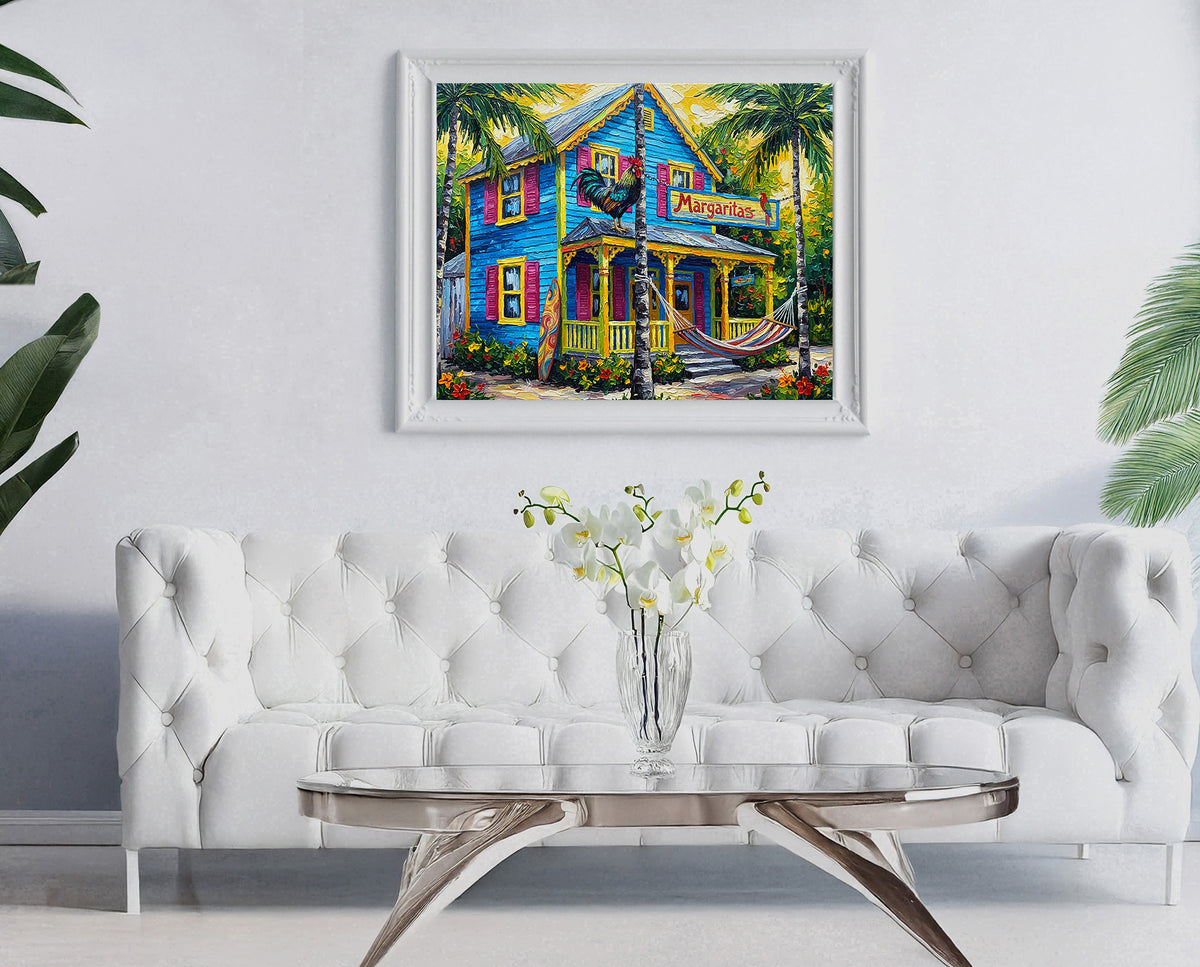 Margaritas Key West Conch House with Rooster & Hammock | Canvas or Paper Art Print