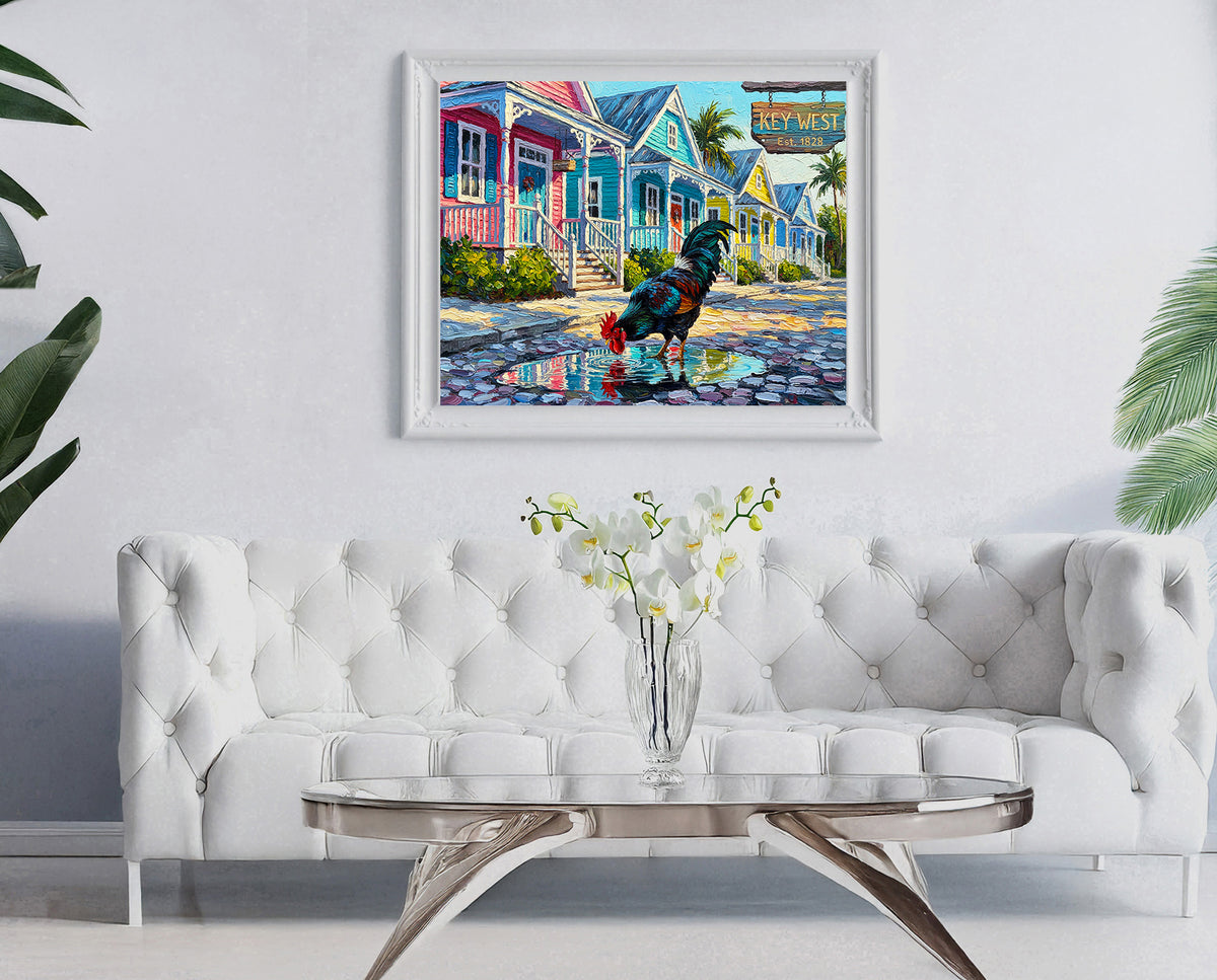 Key West Rooster on Duval Street | Colorful Conch Cottages Art Print