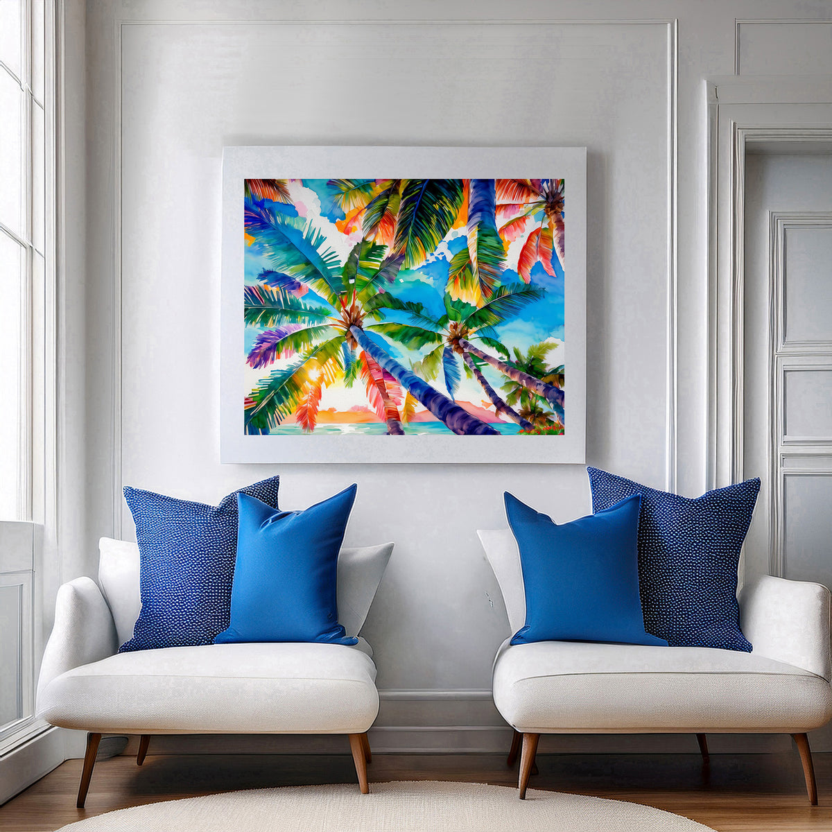 Beach, Palm Trees and Sunset, Vibrant Print: Canvas or Paper