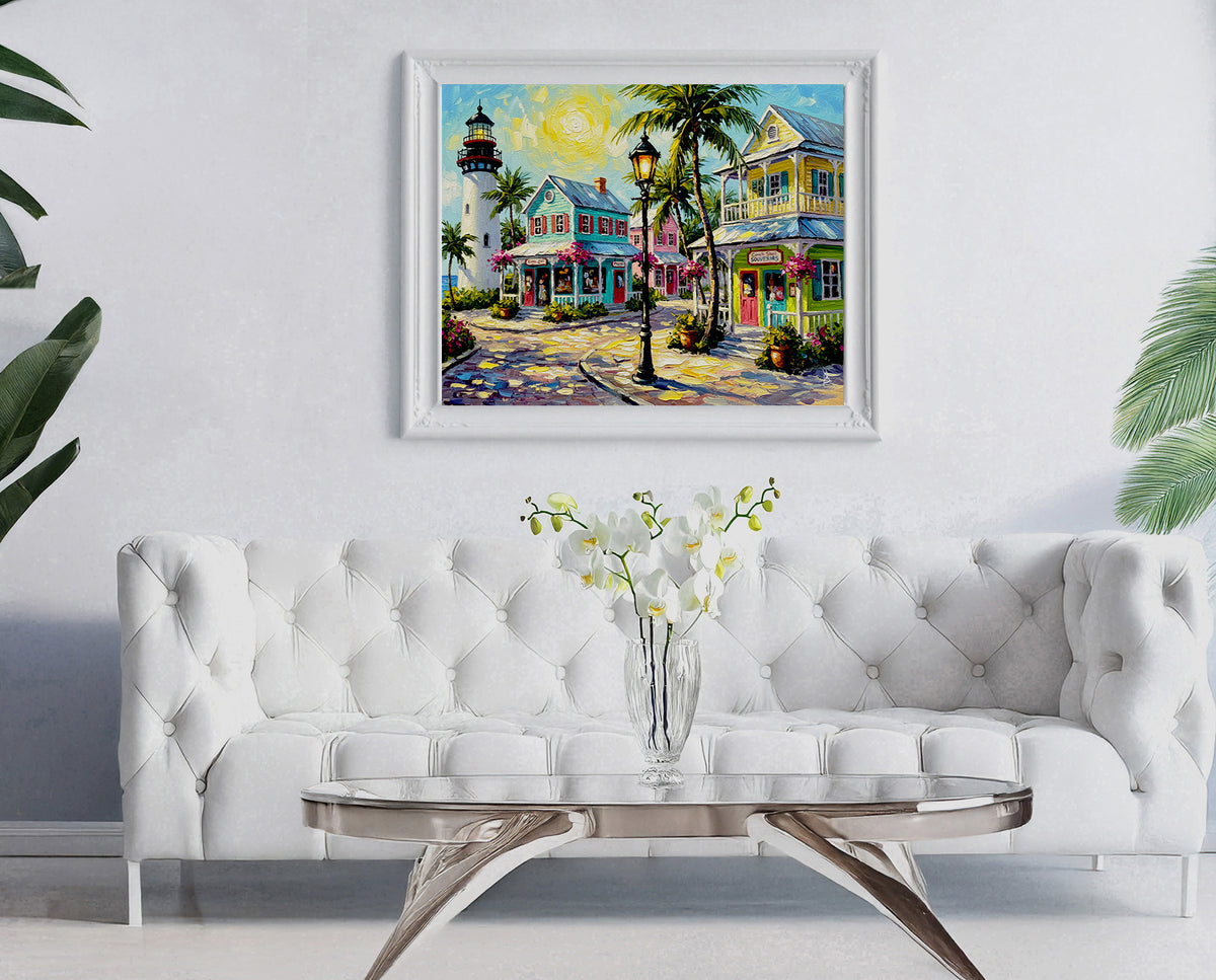 Key West Lighthouse & Pastel Conch Cottages | Canvas or Paper Art Print