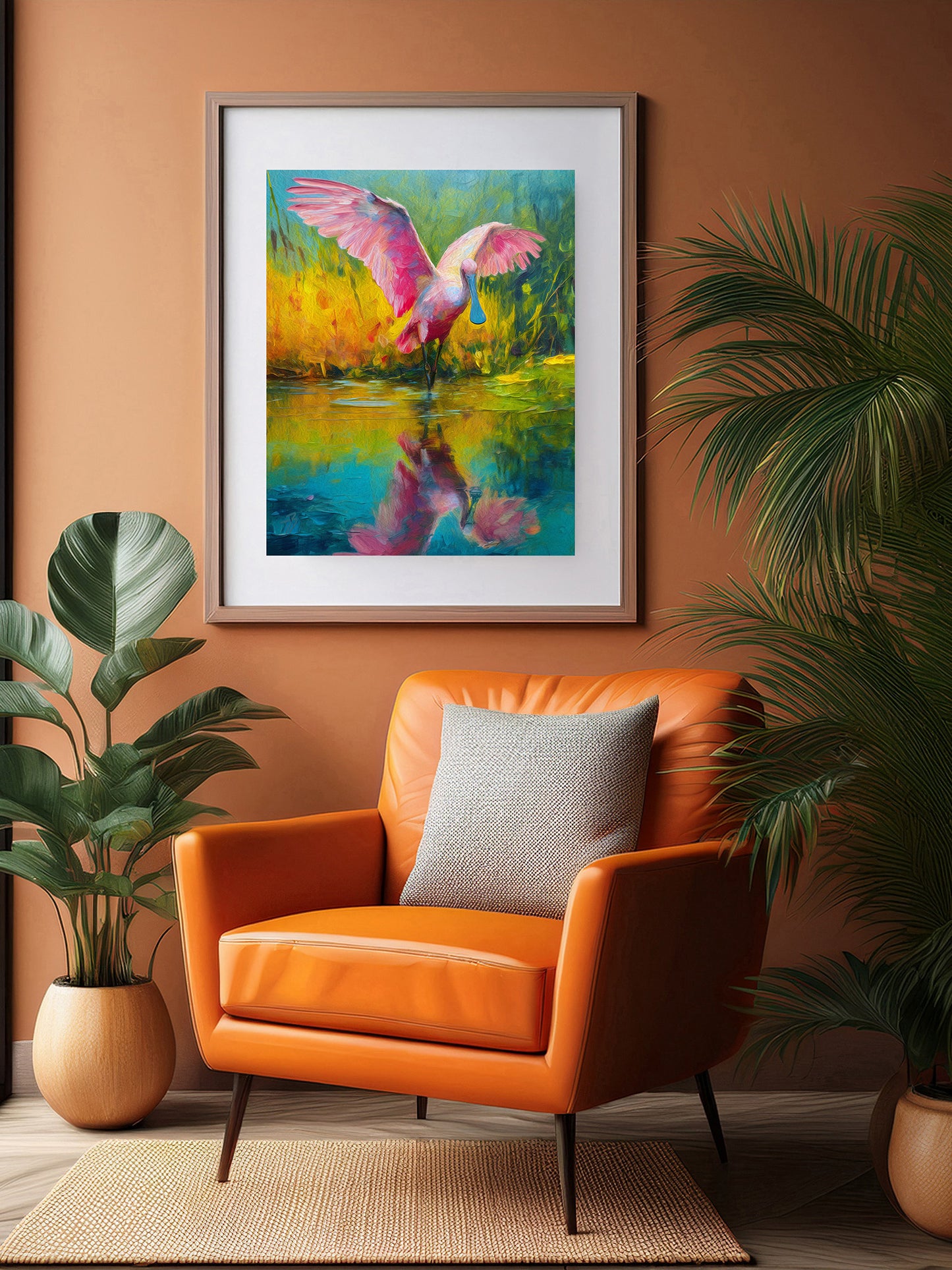 Roseate Spoonbill Wading in Blue Waters: Florida Wildlife Art Print