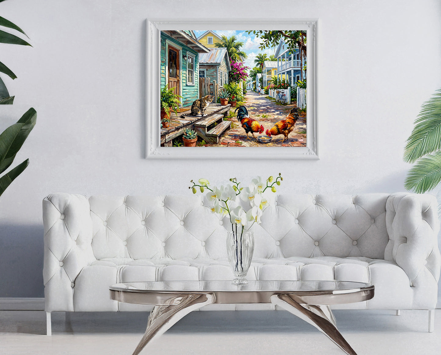 Key West Homes and Roosters Print: Canvas or Paper