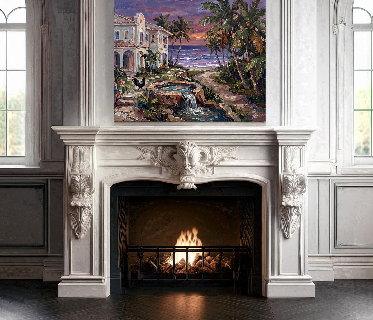 Where the Water Sings – Key West Twilight Garden & Rooster | Canvas or Paper Art Print