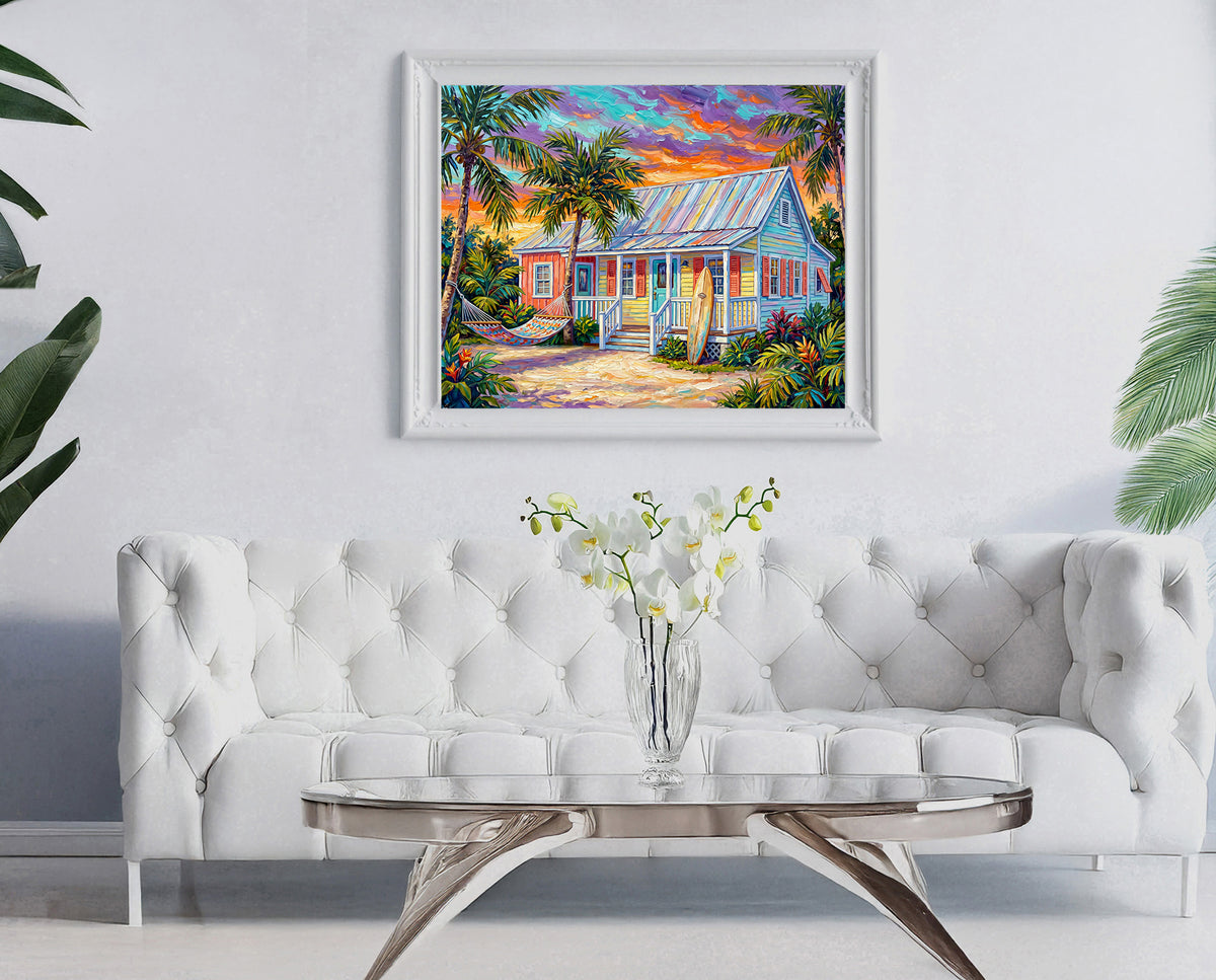 Key West Sunset Conch Cottage with Surfboard & Hammock | Canvas or Paper Art Print