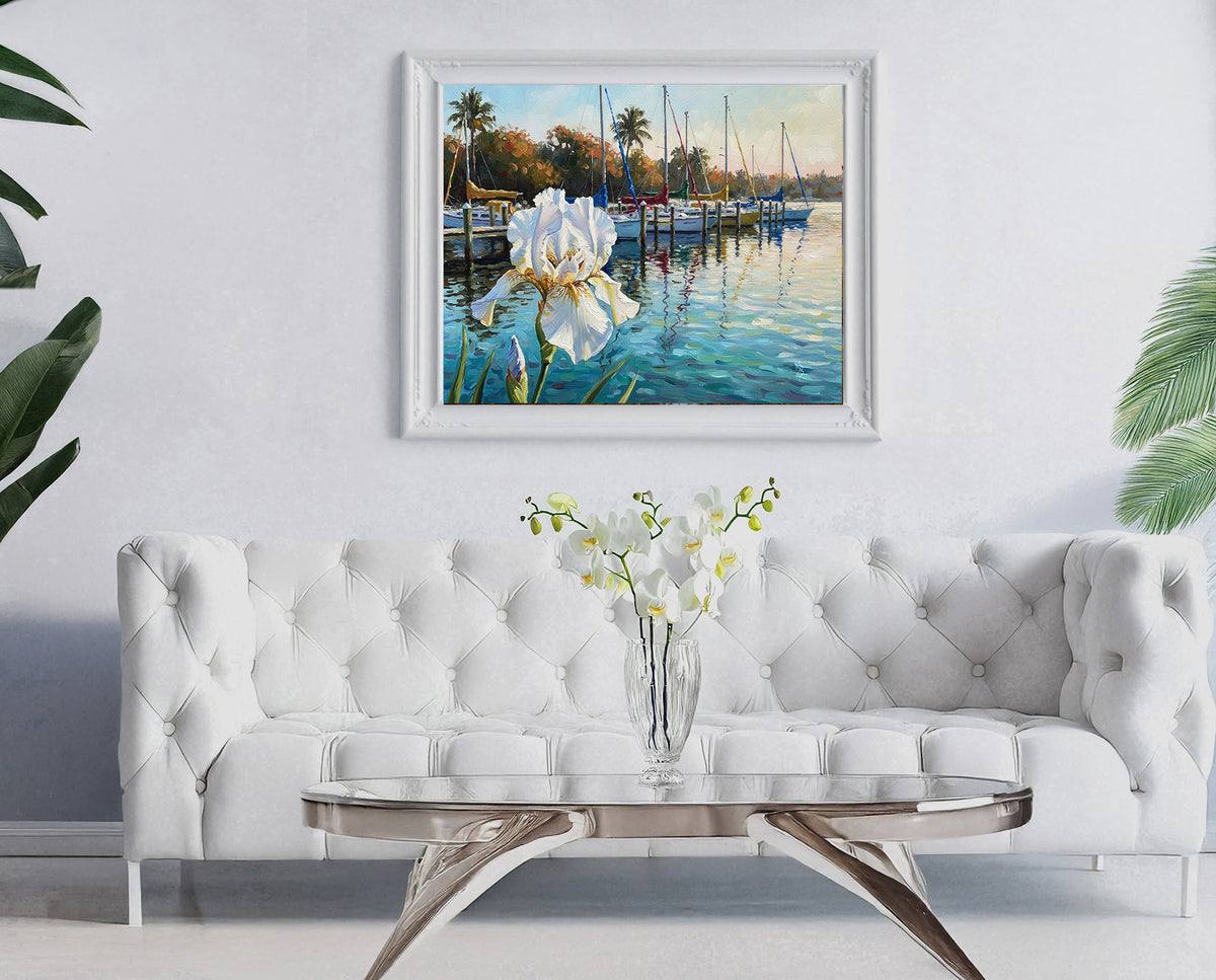 White Iris & Sailboats Florida Marina Fine Art Print | Floral Coastal Art | Canvas or Paper