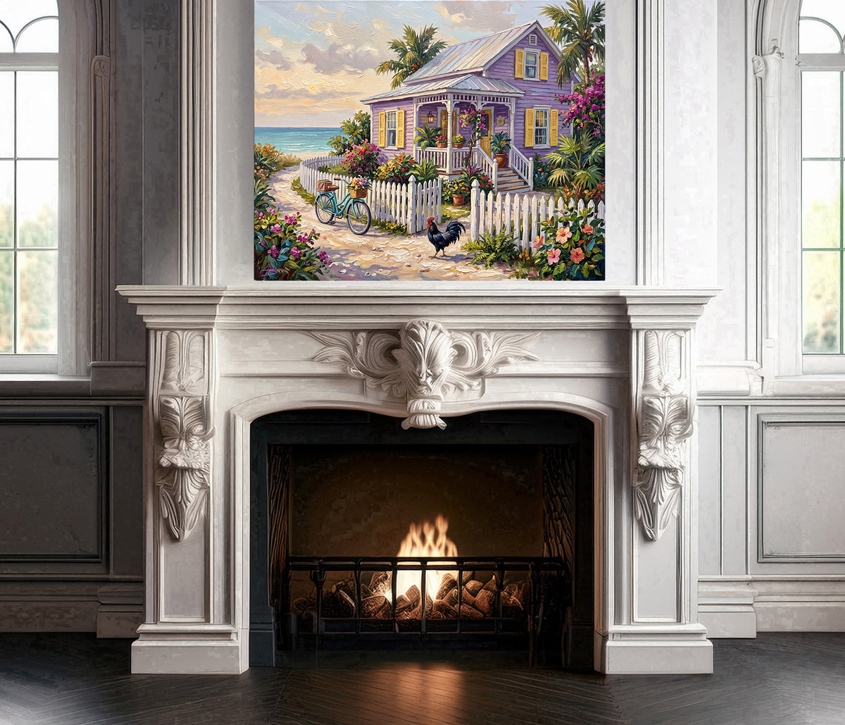 Lilac Cottage by the Sea – Key West Rooster & Bicycle | Canvas or Paper Art Print
