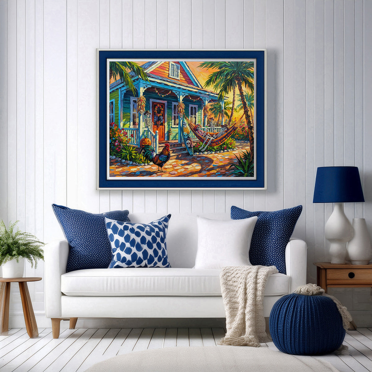 Key West Halloween Skeleton Conch Cottage with Rooster | Canvas or Paper Art Print