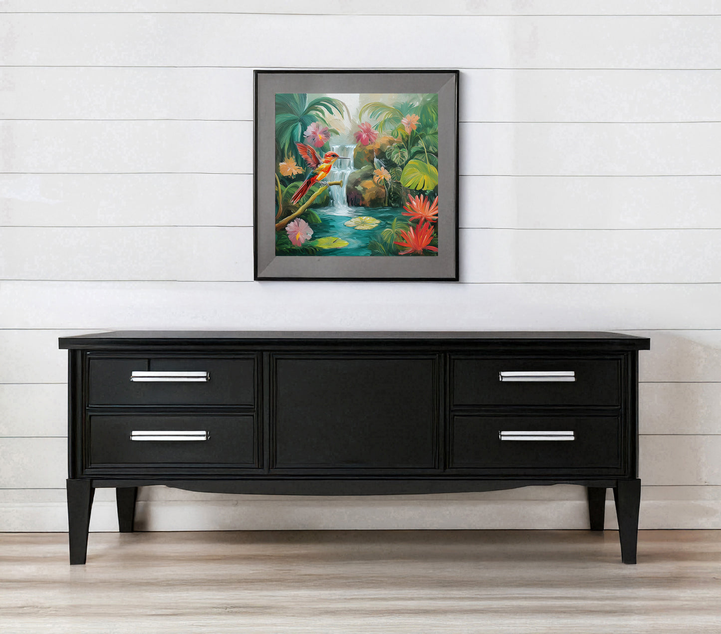 Hummingbird and Waterfall Tropical Print: Canvas or Paper