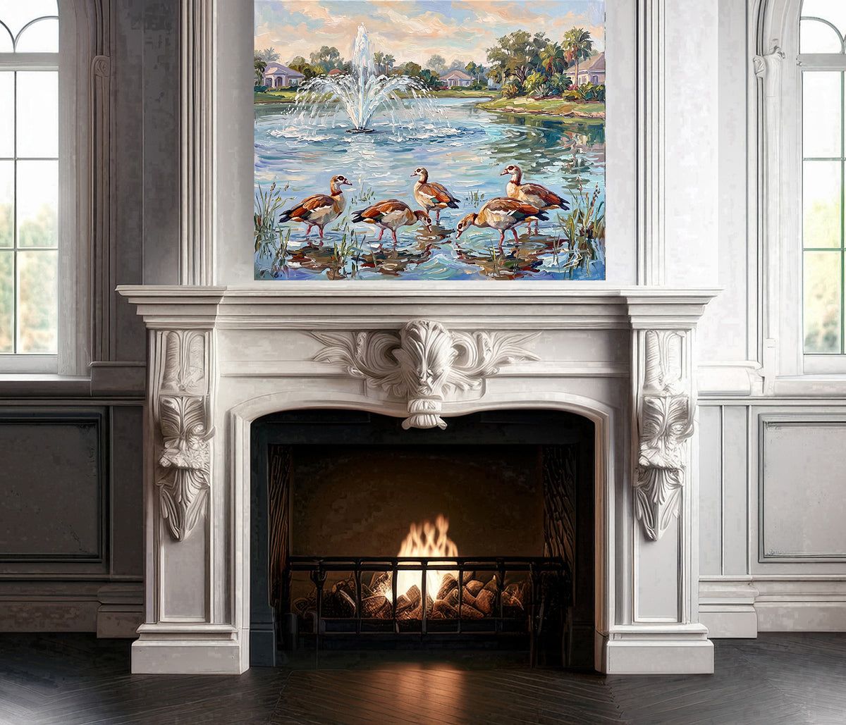 Egyptian Geese by the Pond Fountain | Canvas or Paper Art Print
