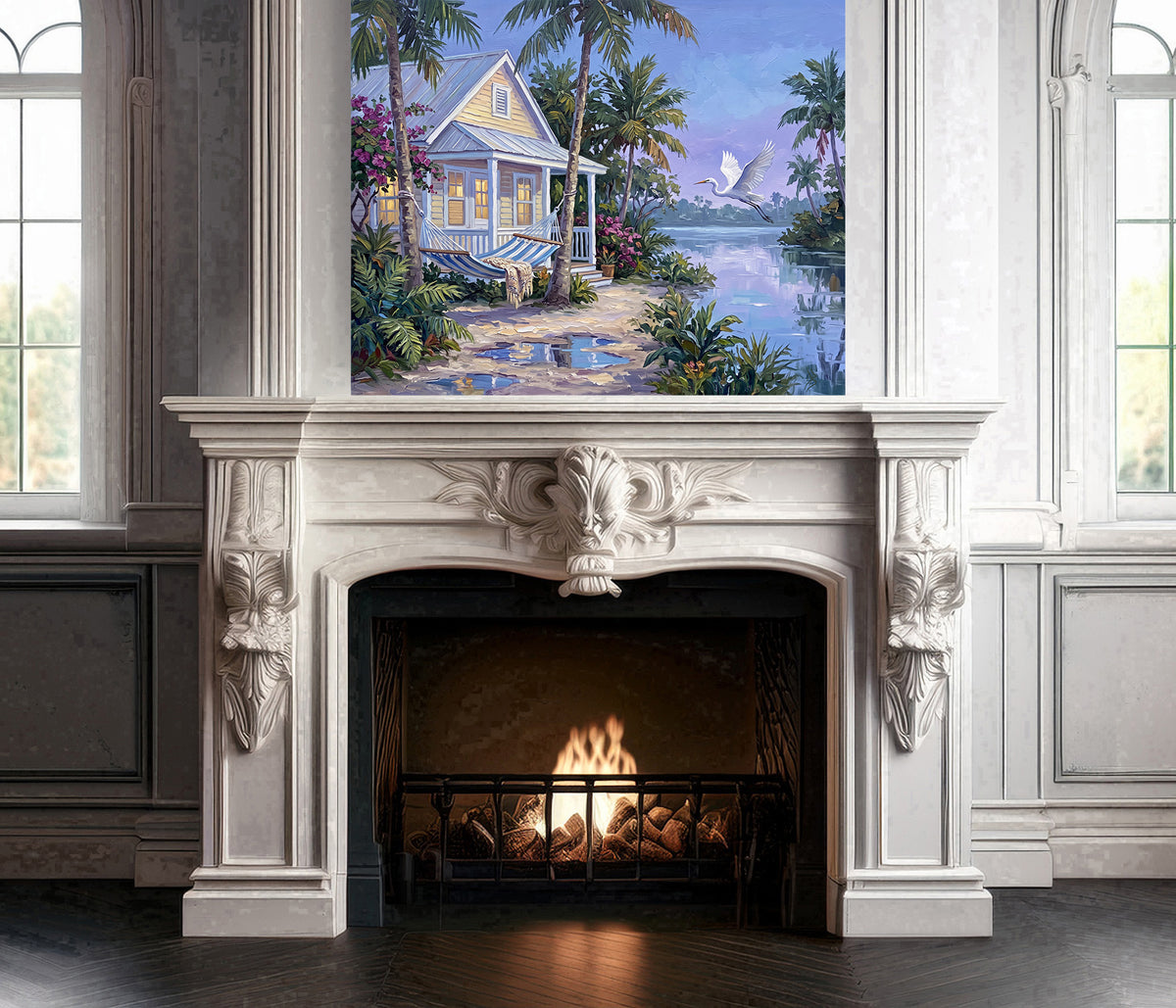 When the Island Exhales – Key West Cottage & Great White Heron | Canvas or Paper Art Print