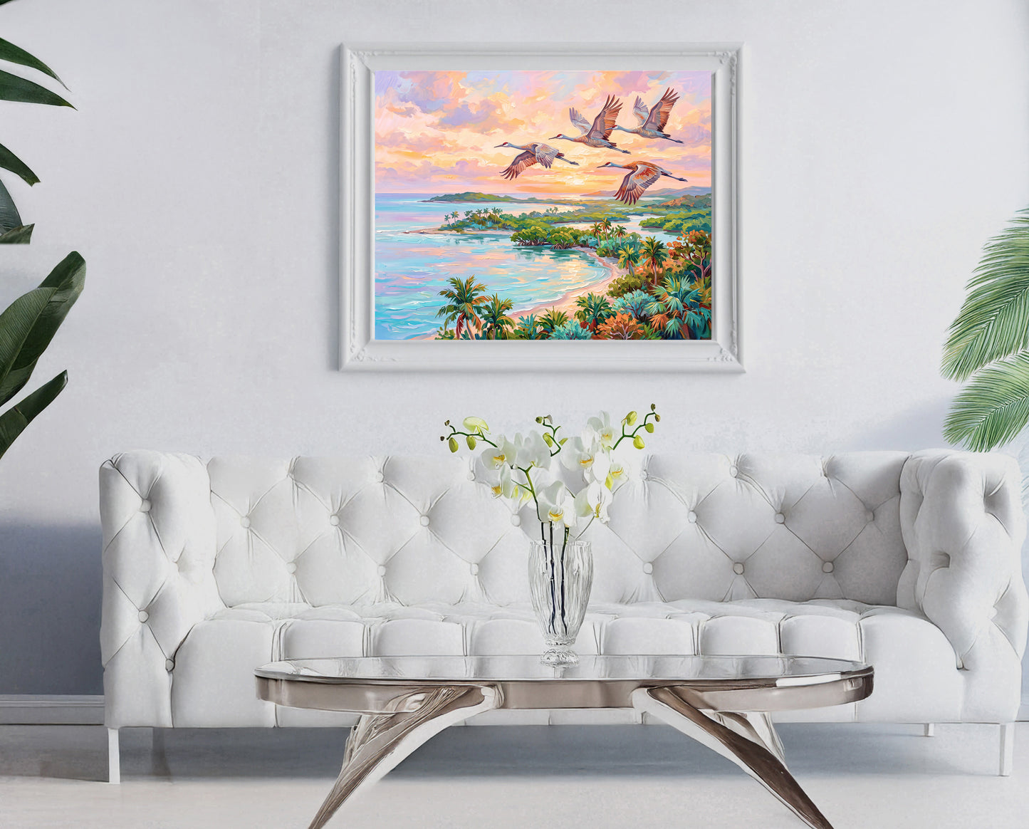 Flamingos Flying Over Blue Waters Coastal Tropical Landscape Vibrant Print